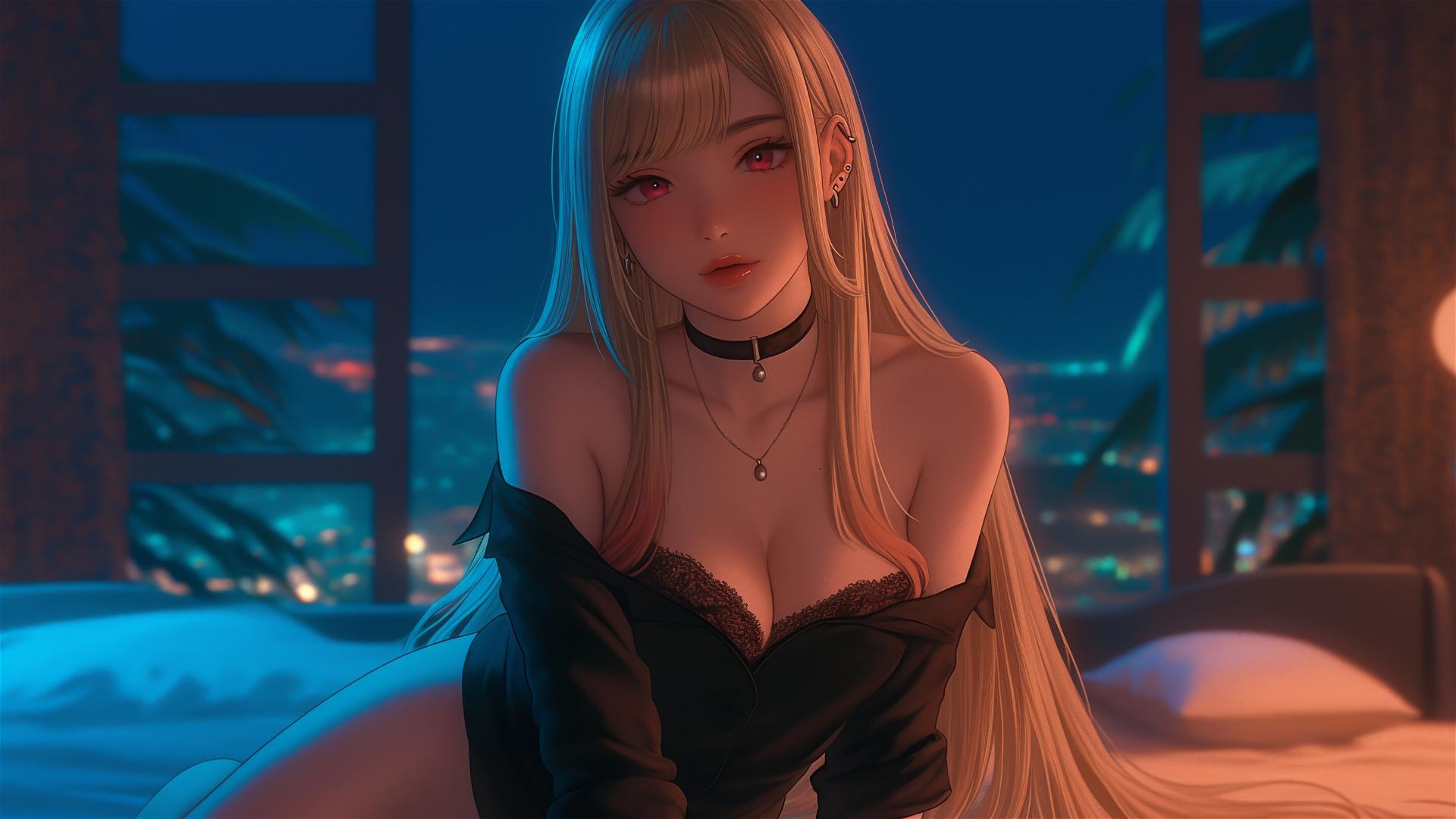 Marin Kitagawa sitting on a hotel bed under moonlight, blonde hair with pink tips.