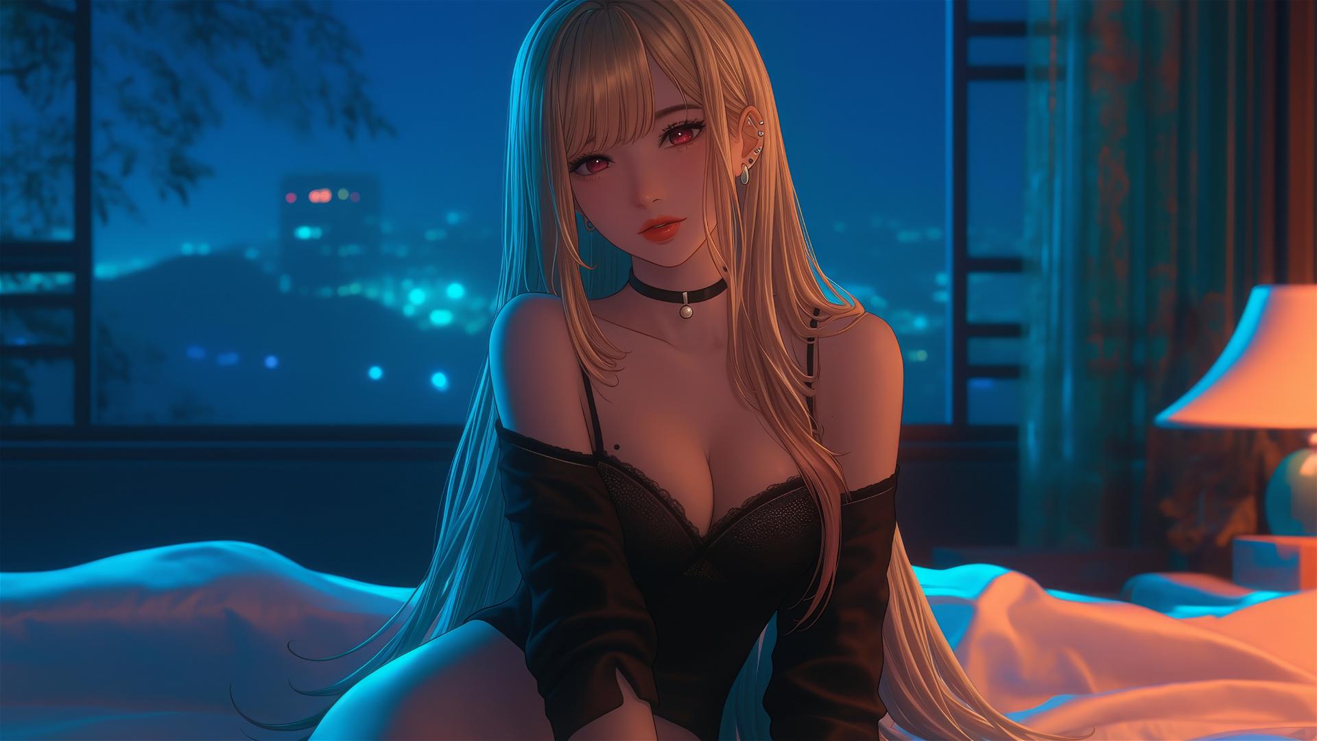 Marin Kitagawa sitting on a hotel bed, moonlight illuminating her