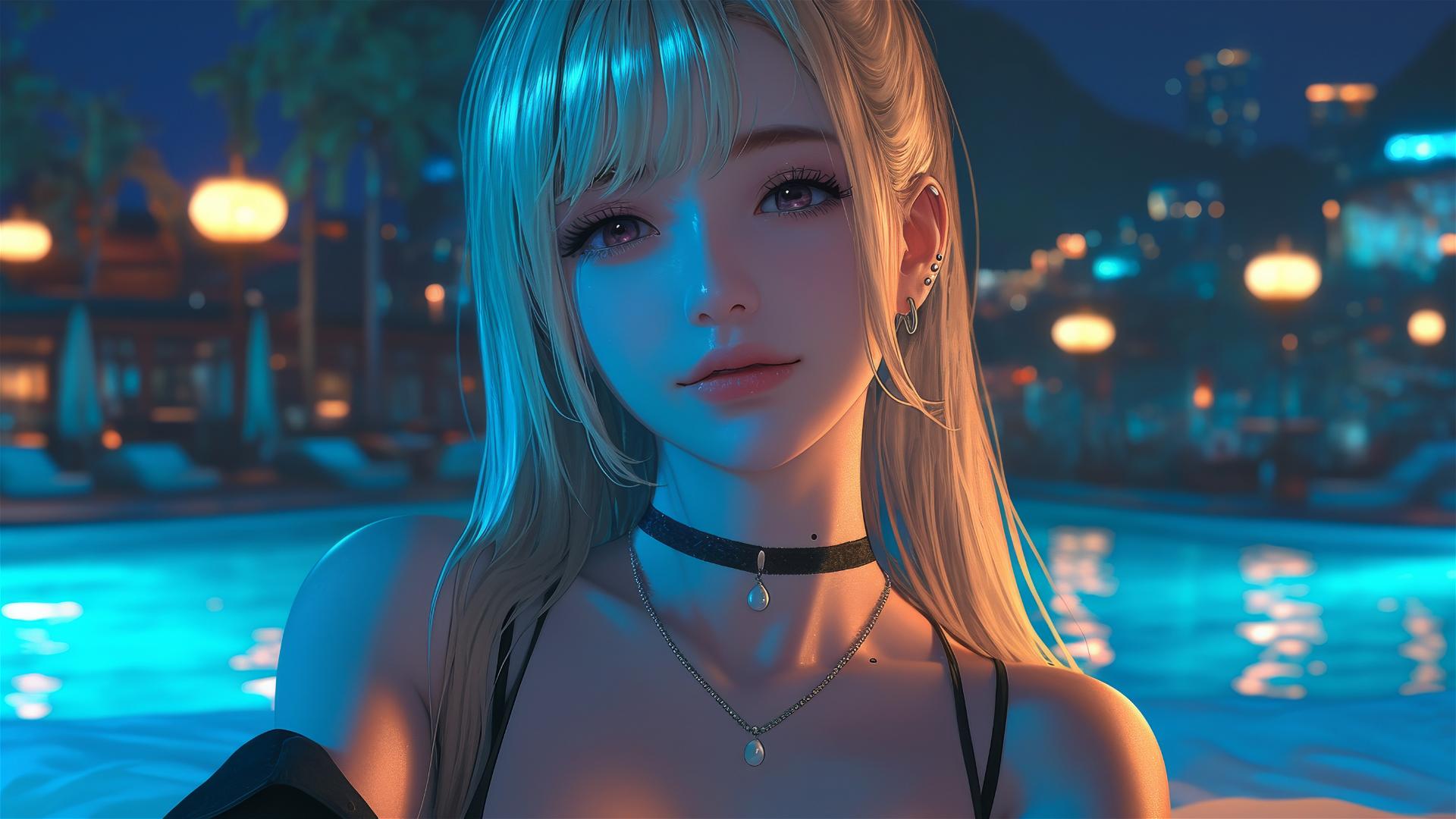 Marin Kitagawa from Kurikami City sitting on hotel bed with moonlight glow