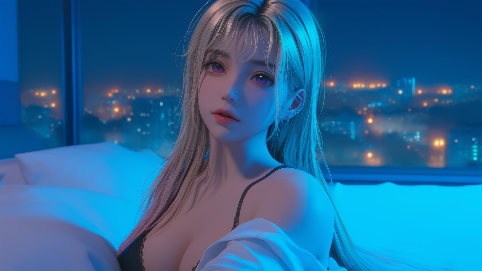 Marin Kitagawa sitting on a hotel bed in moonlight, with blonde hair tipped with pinkish-red and pink eyes.
