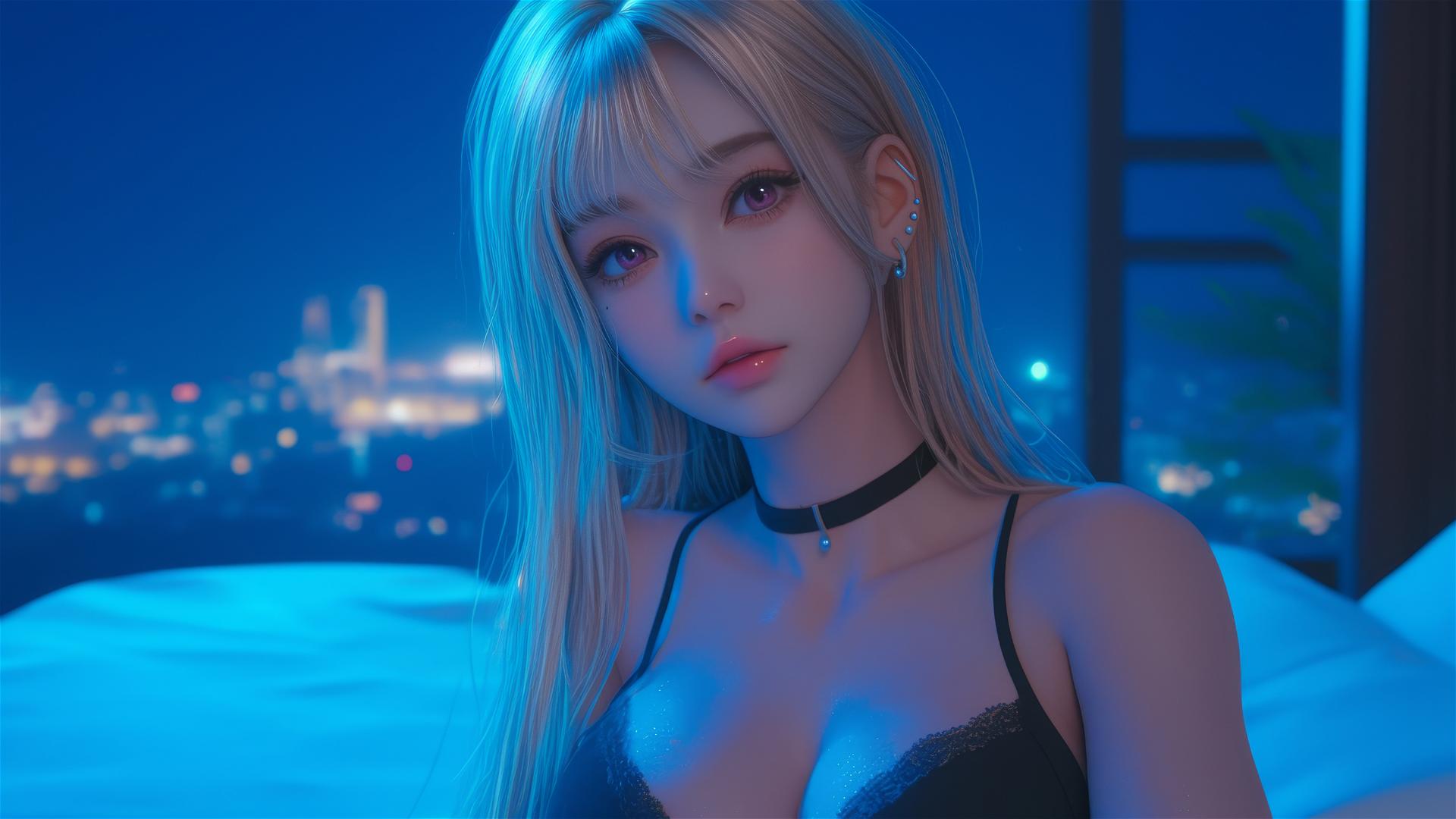 Marin Kitagawa from Kurikami City sitting on a hotel bed in moonlight