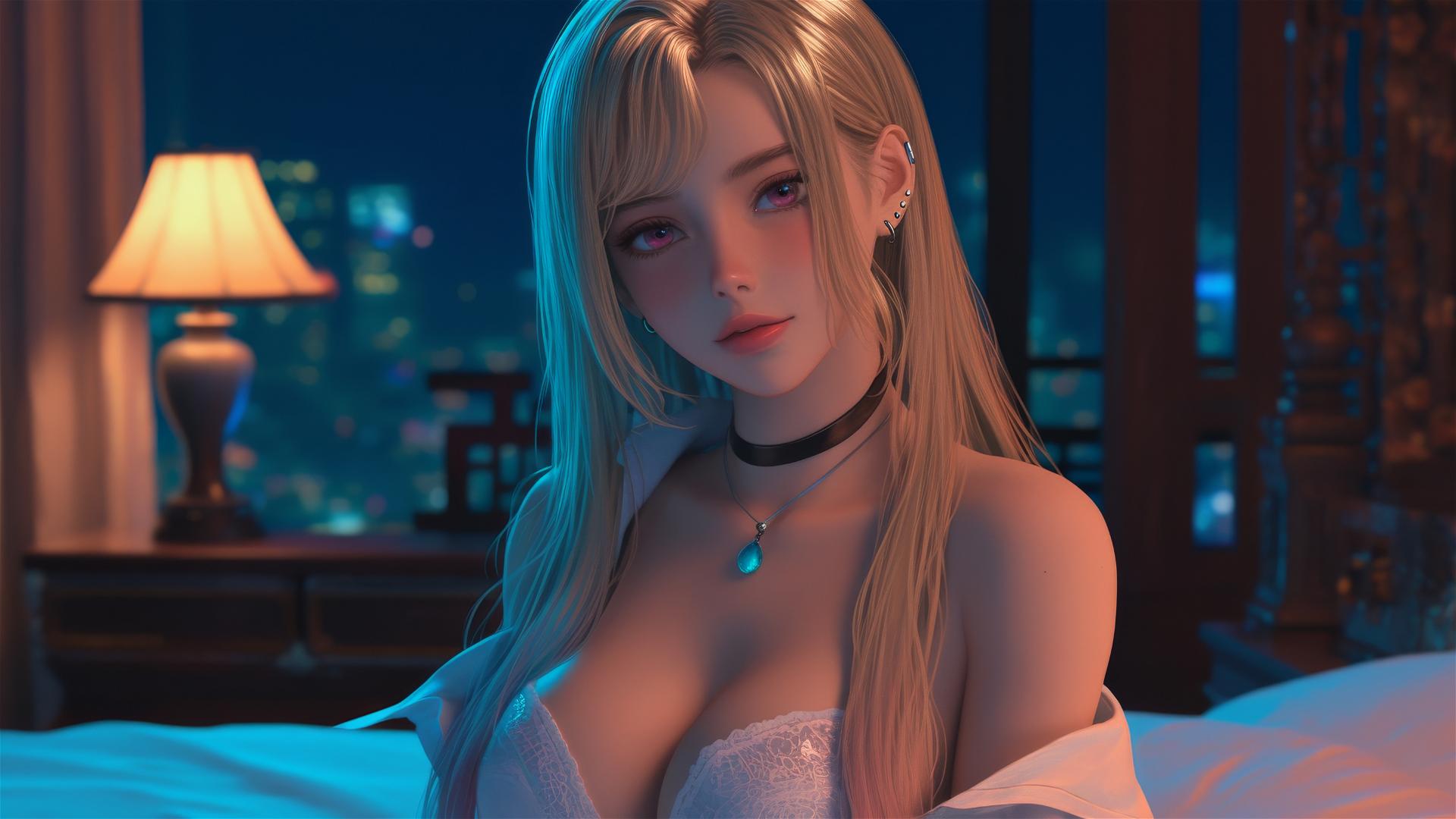 Marin Kitagawa sitting on hotel bed with moonlight glow