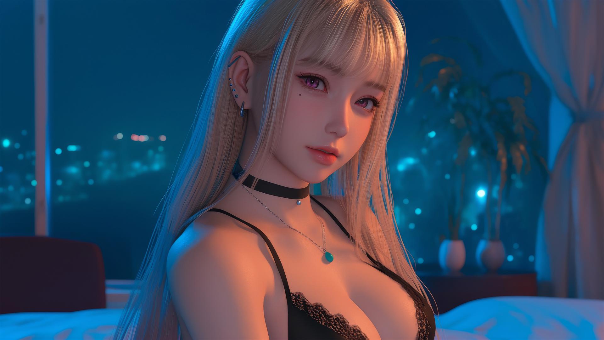 Marin Kitagawa sitting on hotel bed, moonlight illuminating her.