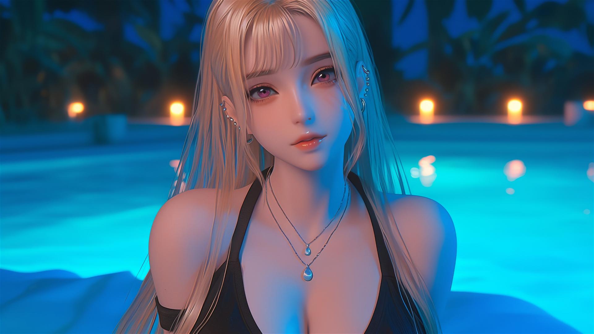 Marin Kitagawa sitting on a hotel bed, moonlight casting a glow, silky blonde hair with pink tips, pinkish eyes.