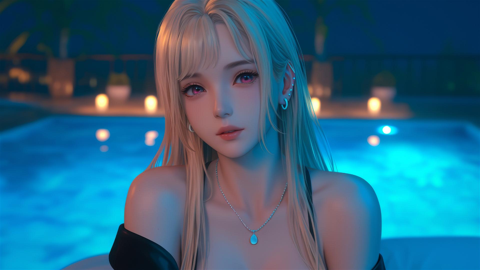 Marin Kitagawa sitting on a hotel bed under moonlight.