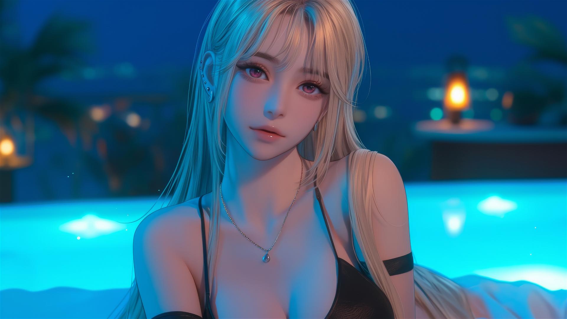 Marin Kitagawa sitting on hotel bed under moonlight with silky blonde hair tipped pinkish-red