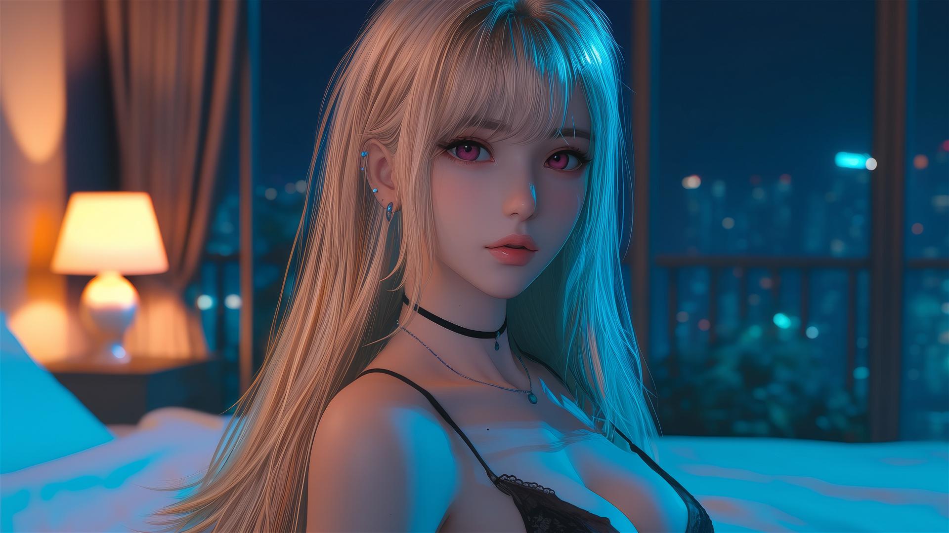 Marin Kitagawa sitting on a hotel bed illuminated by moonlight.