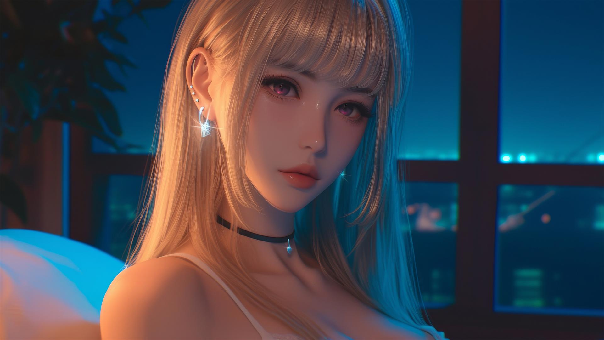Marin Kitagawa sitting on a hotel bed, illuminated by moonlight.