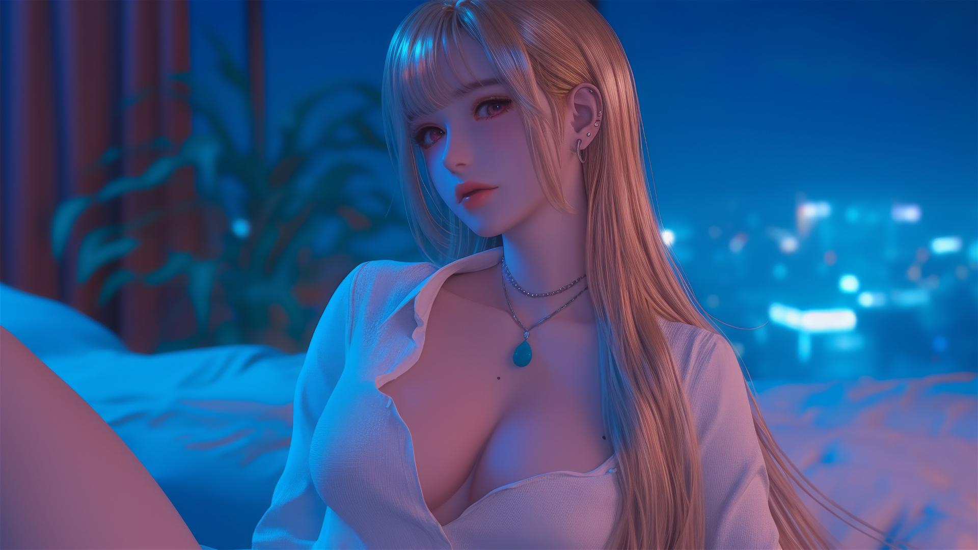 Marin Kitagawa sitting on a hotel bed under moonlight with silky blonde hair