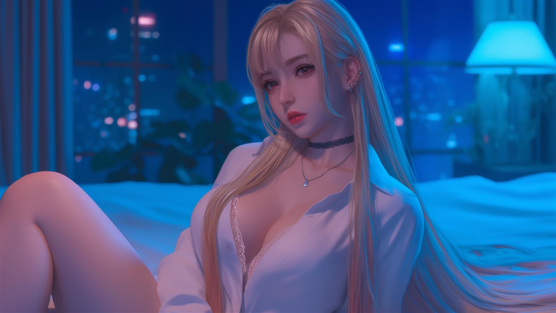 Marin Kitagawa sitting on a hotel bed with moonlight highlighting her figure.
