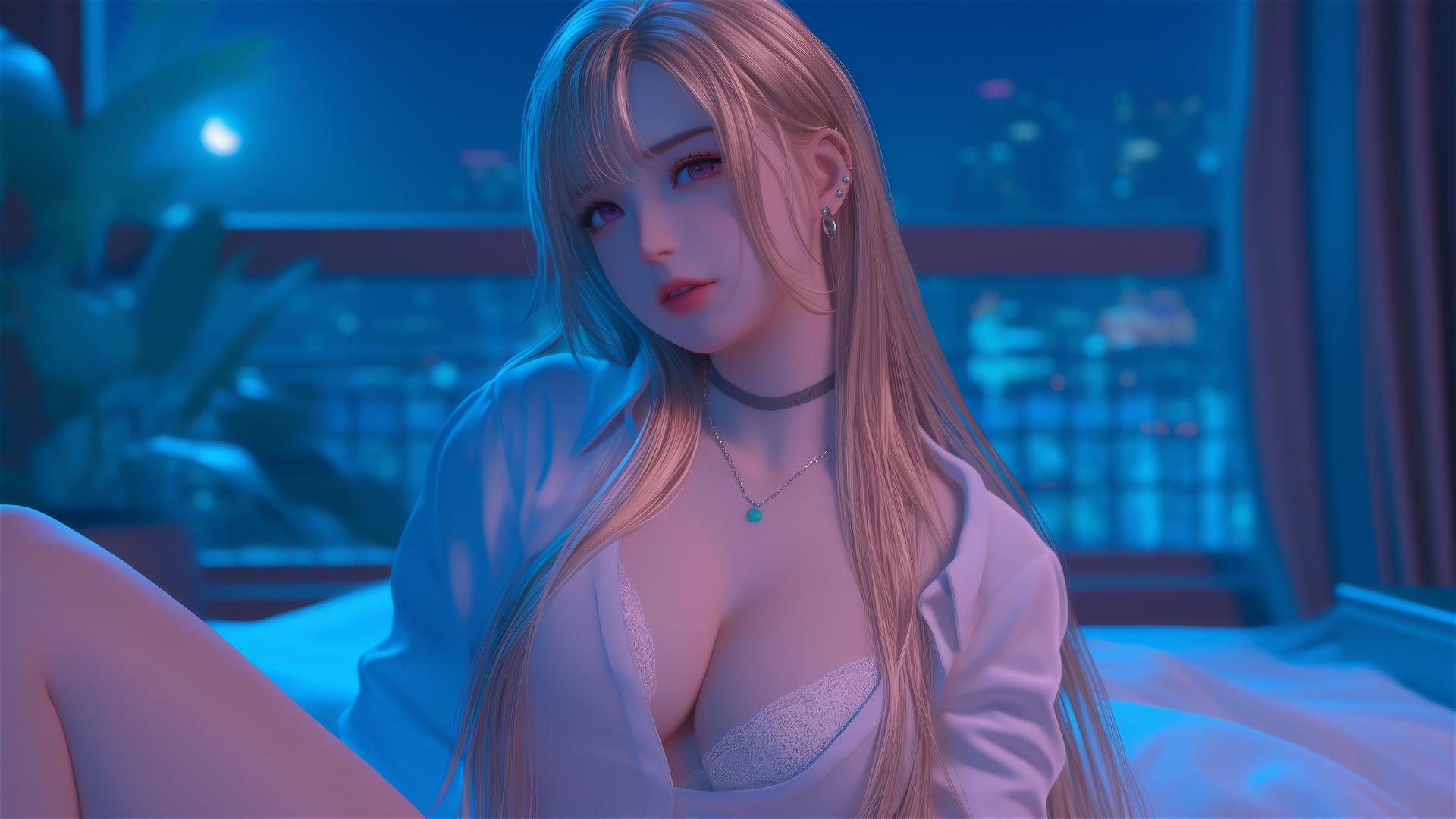 Marin Kitagawa sitting on hotel bed with moonlight glow