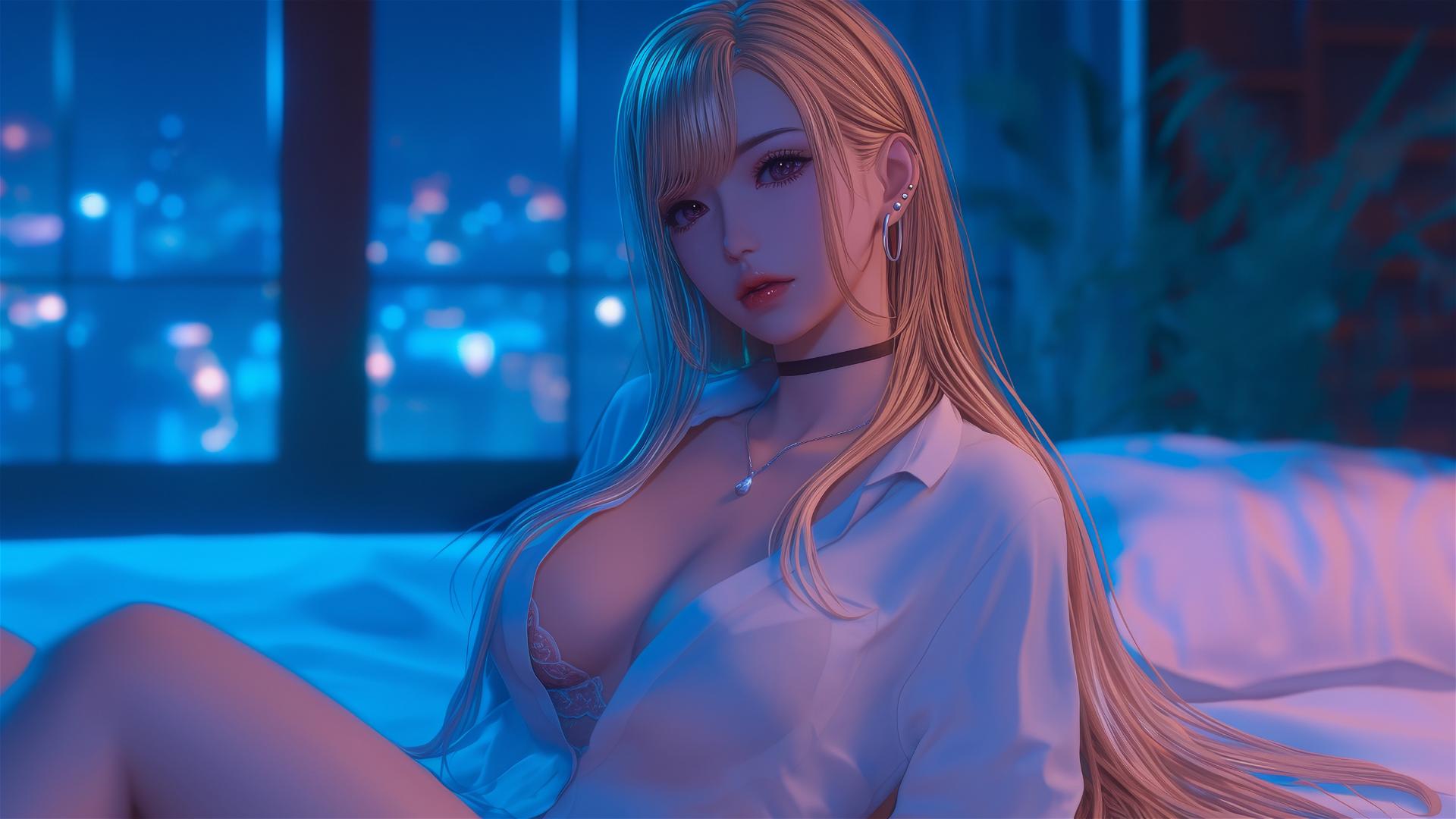Marin Kitagawa sitting on a hotel bed with moonlight casting a soft glow