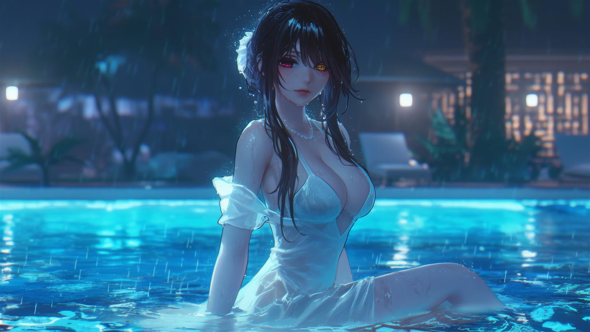 Kurumi Tokisaki standing in a rainy pool with moonlight, wearing white, red and yellow eyes