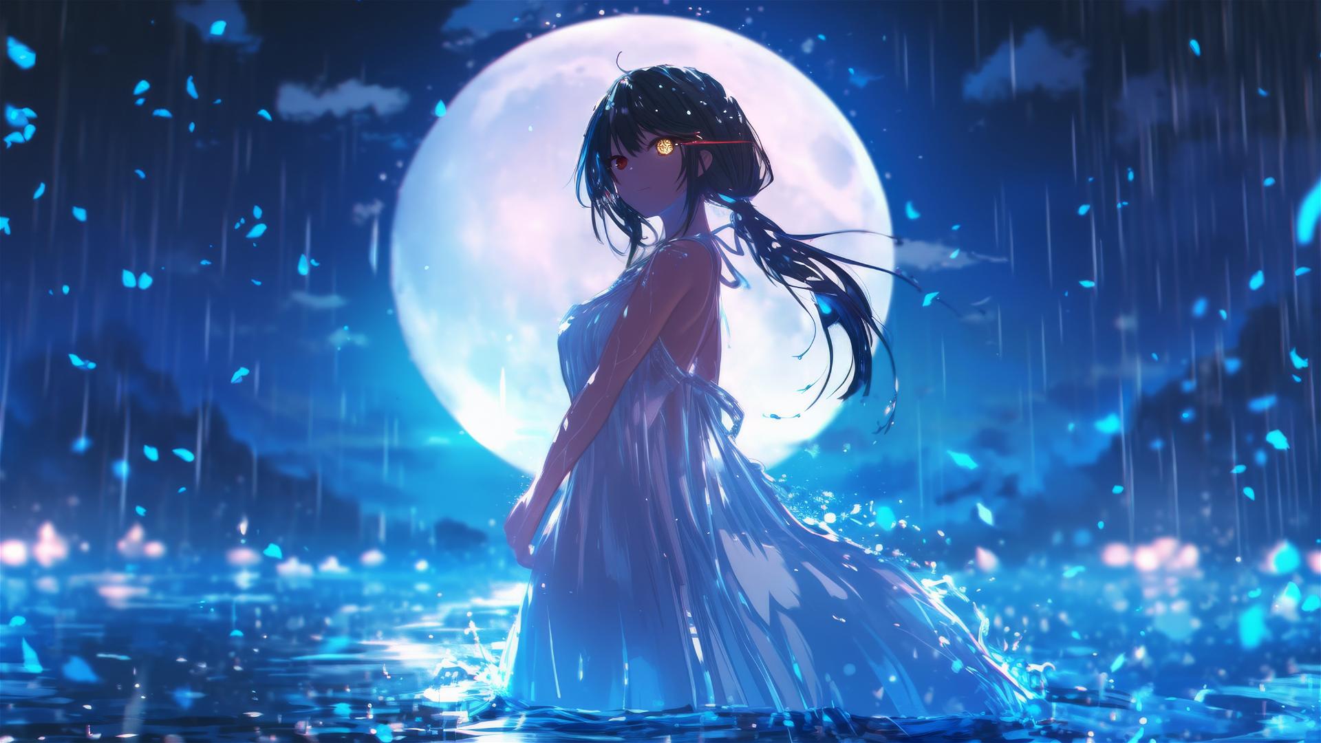 Kurumi Tokisaki stands in a rainy swimming pool under moonlight, wearing a white dress.