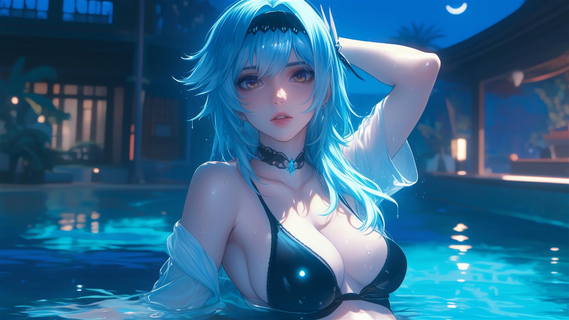 Eula Lawrence by a swimming pool under the moonlight