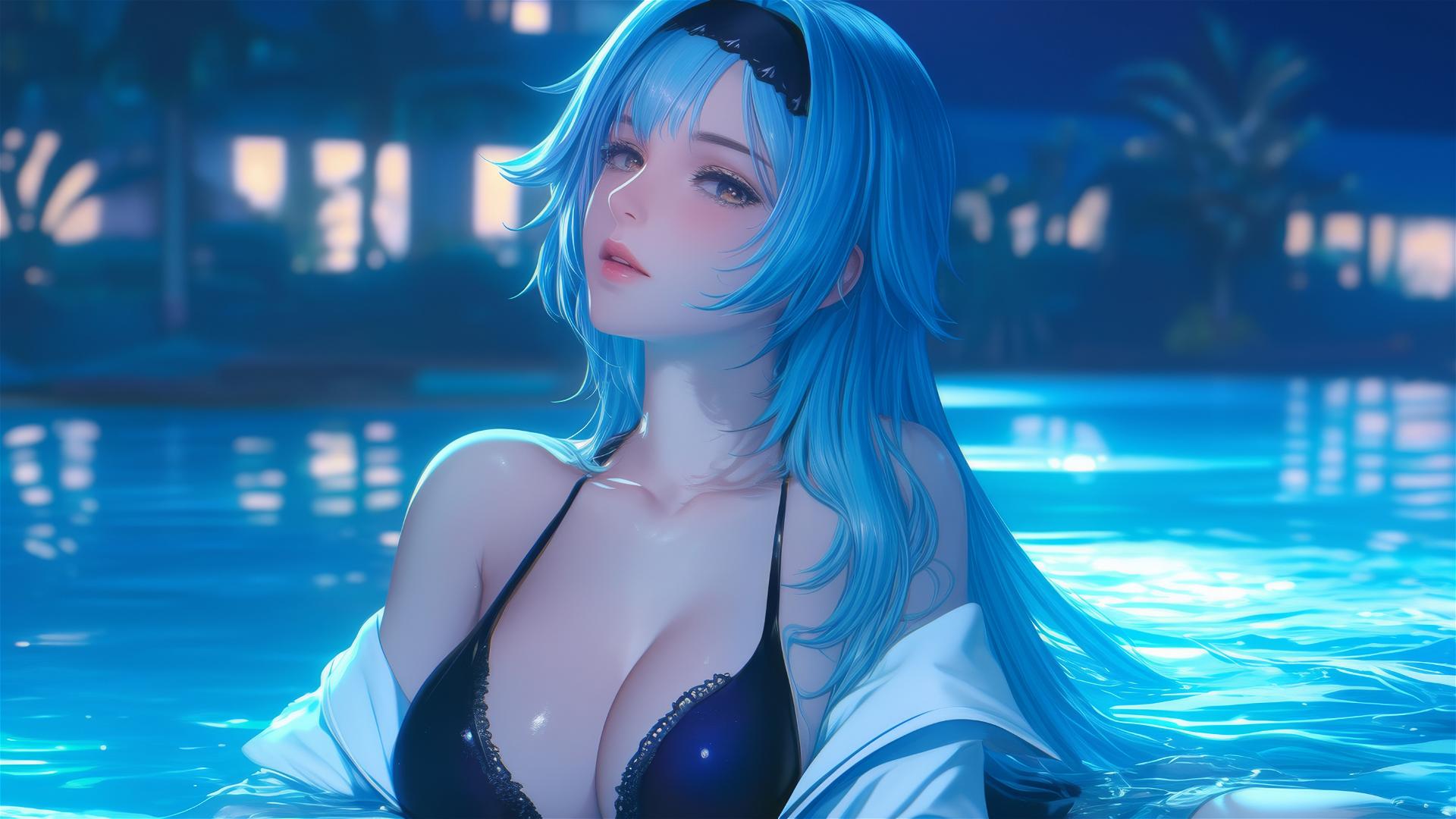 Eula Lawrence from Genshin Impact relaxing by a moonlit swimming pool