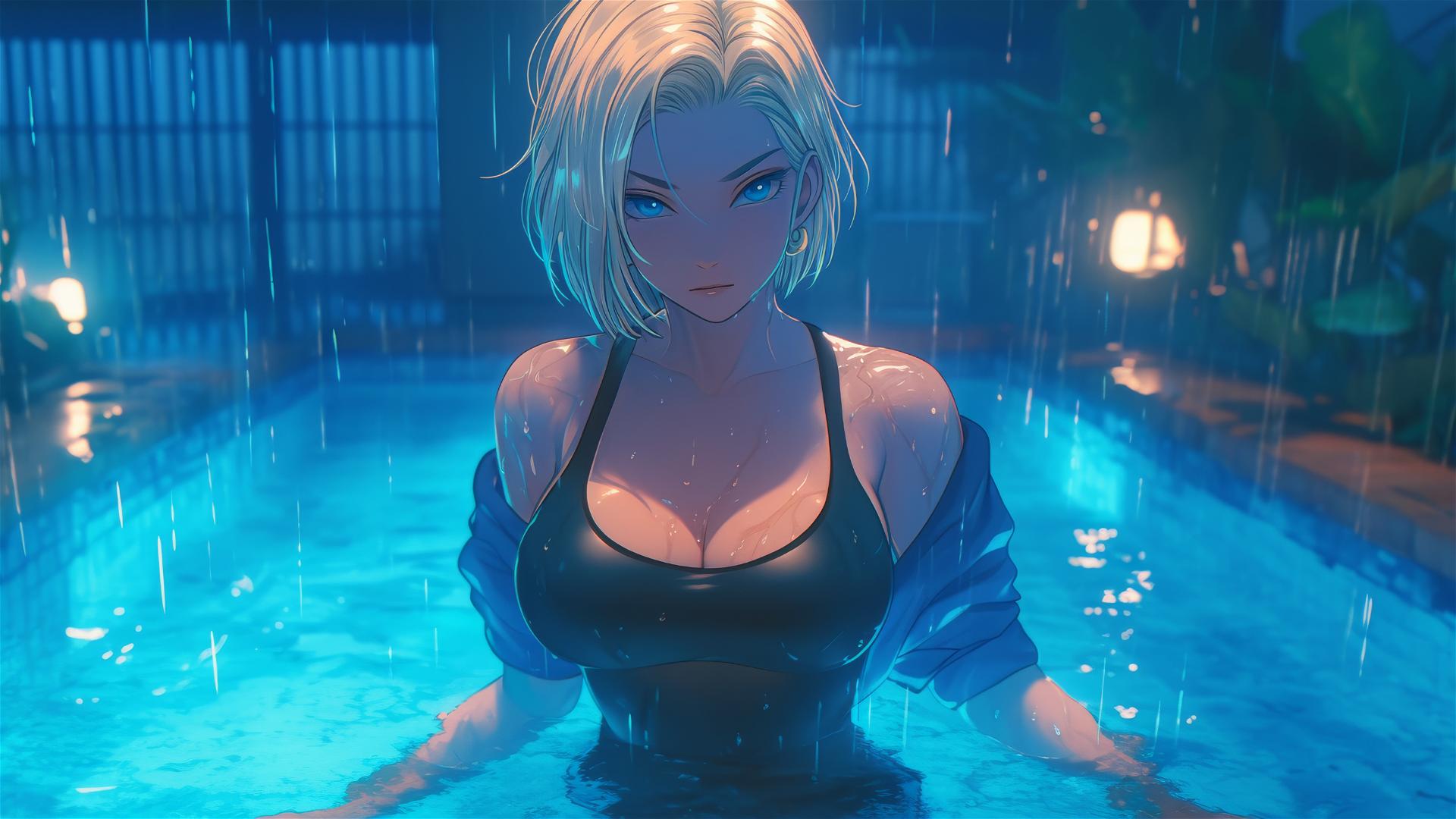 Dragon Ball Android 18 relaxing by rainy pool