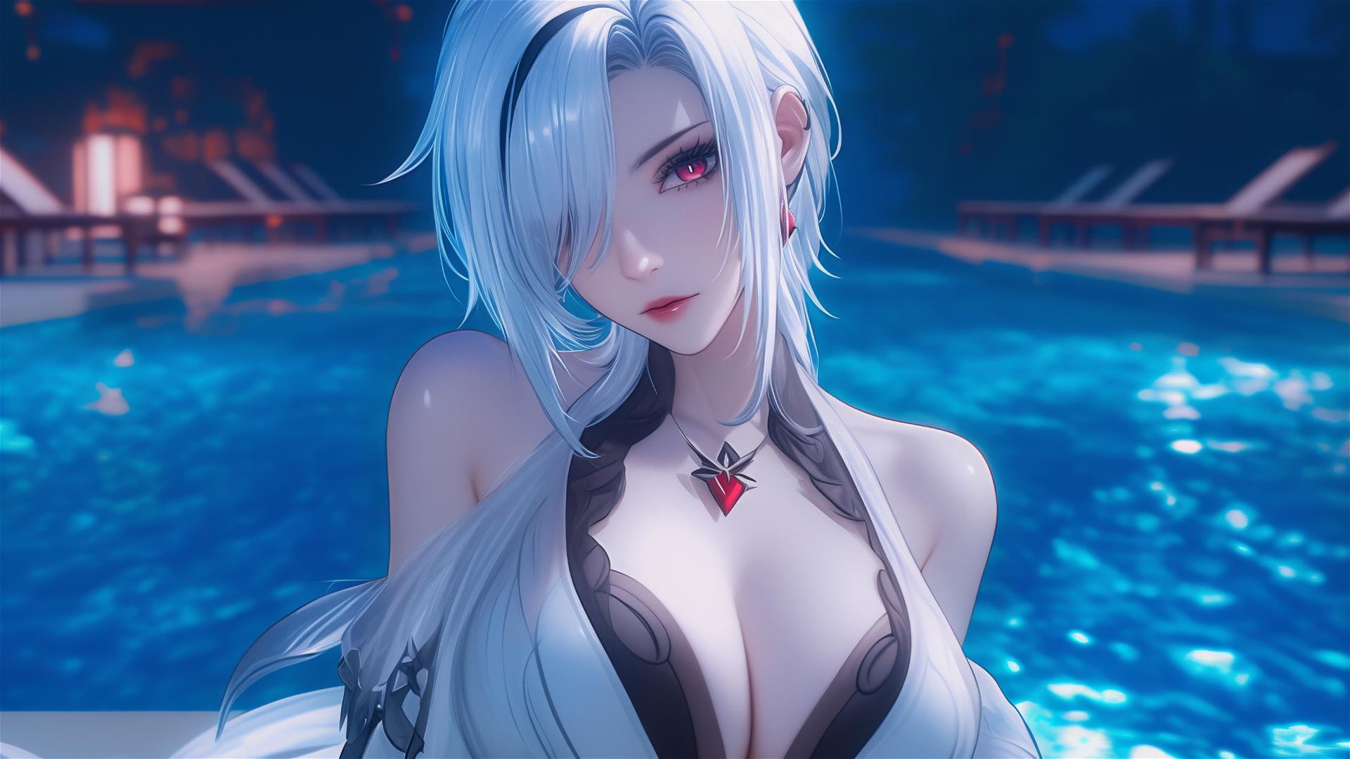Arlecchino from Genshin Impact with snow white hair and black streaks, resting by a pool under moonlight.