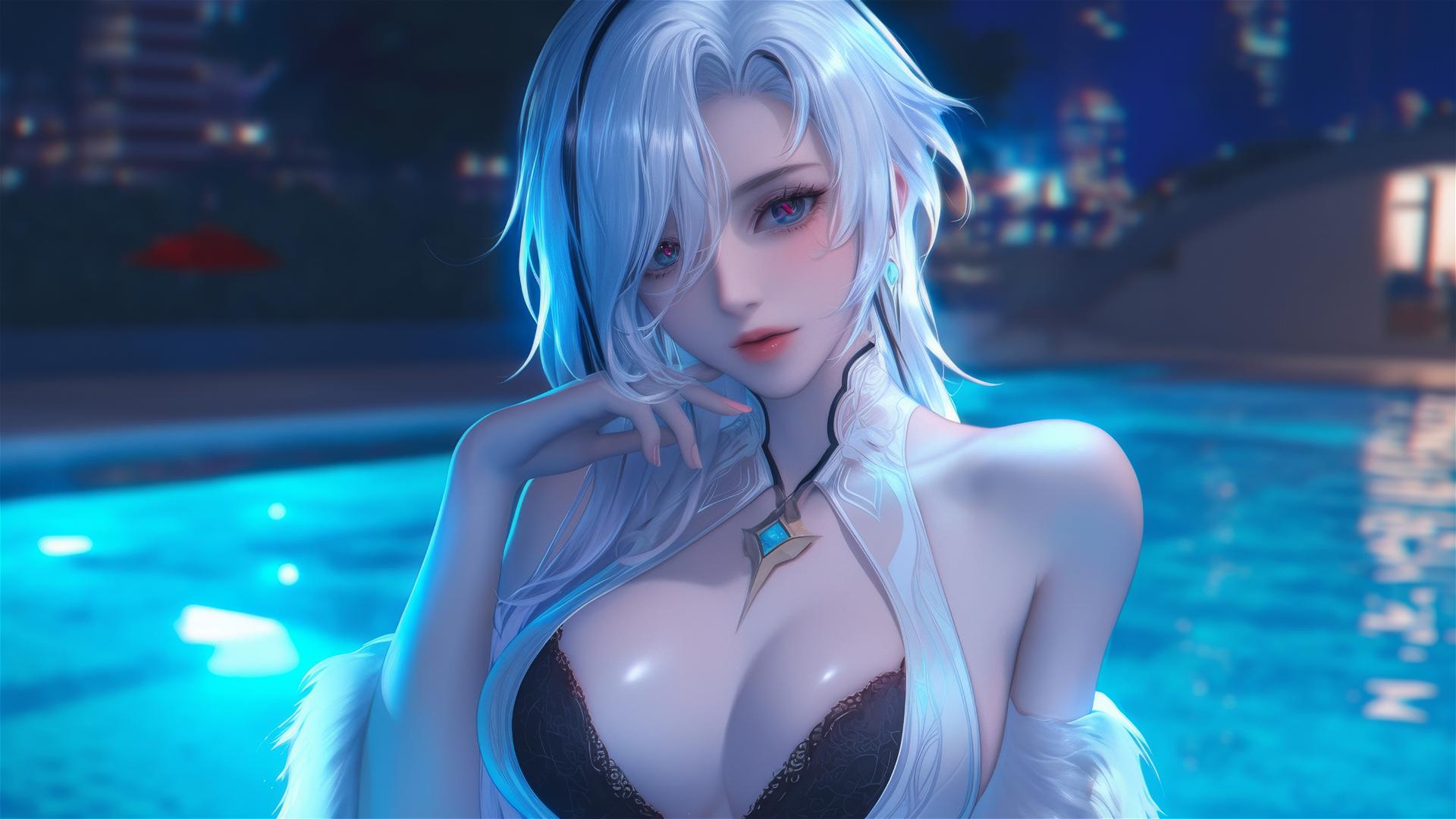 Arlecchino from Genshin Impact with white hair and black streaks, resting by the pool under moonlight.