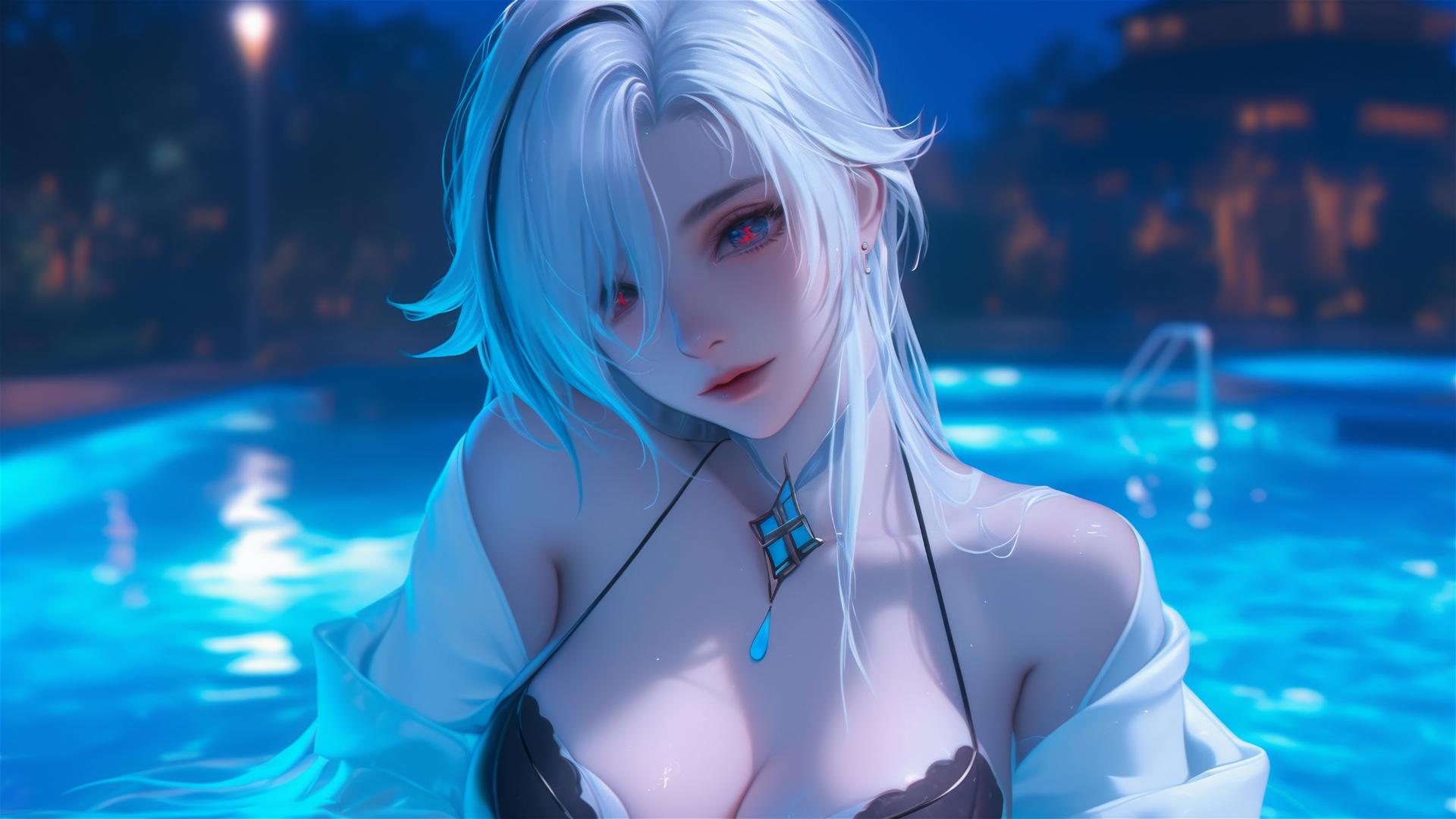 Arlecchino from Genshin Impact with snow white hair and black streaks, resting by a pool under moonlight