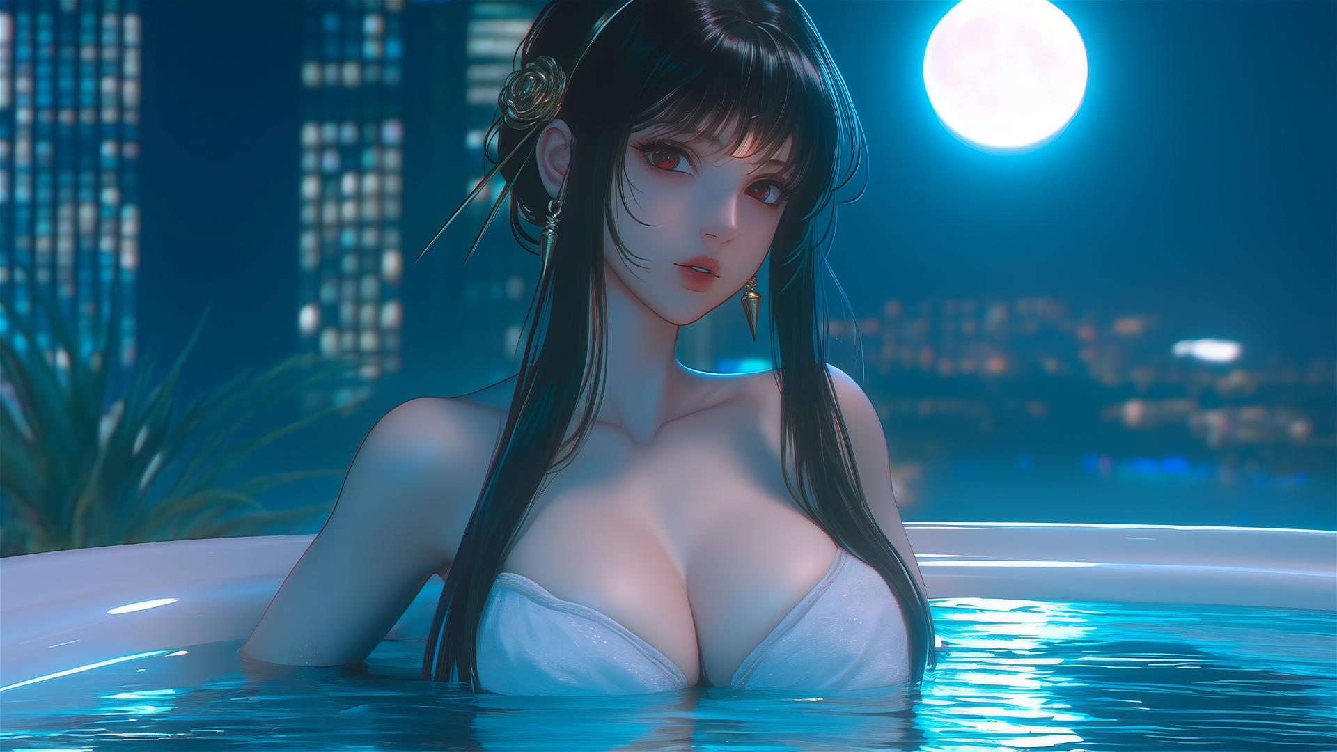Yor Forger resting in a tub under moonlight