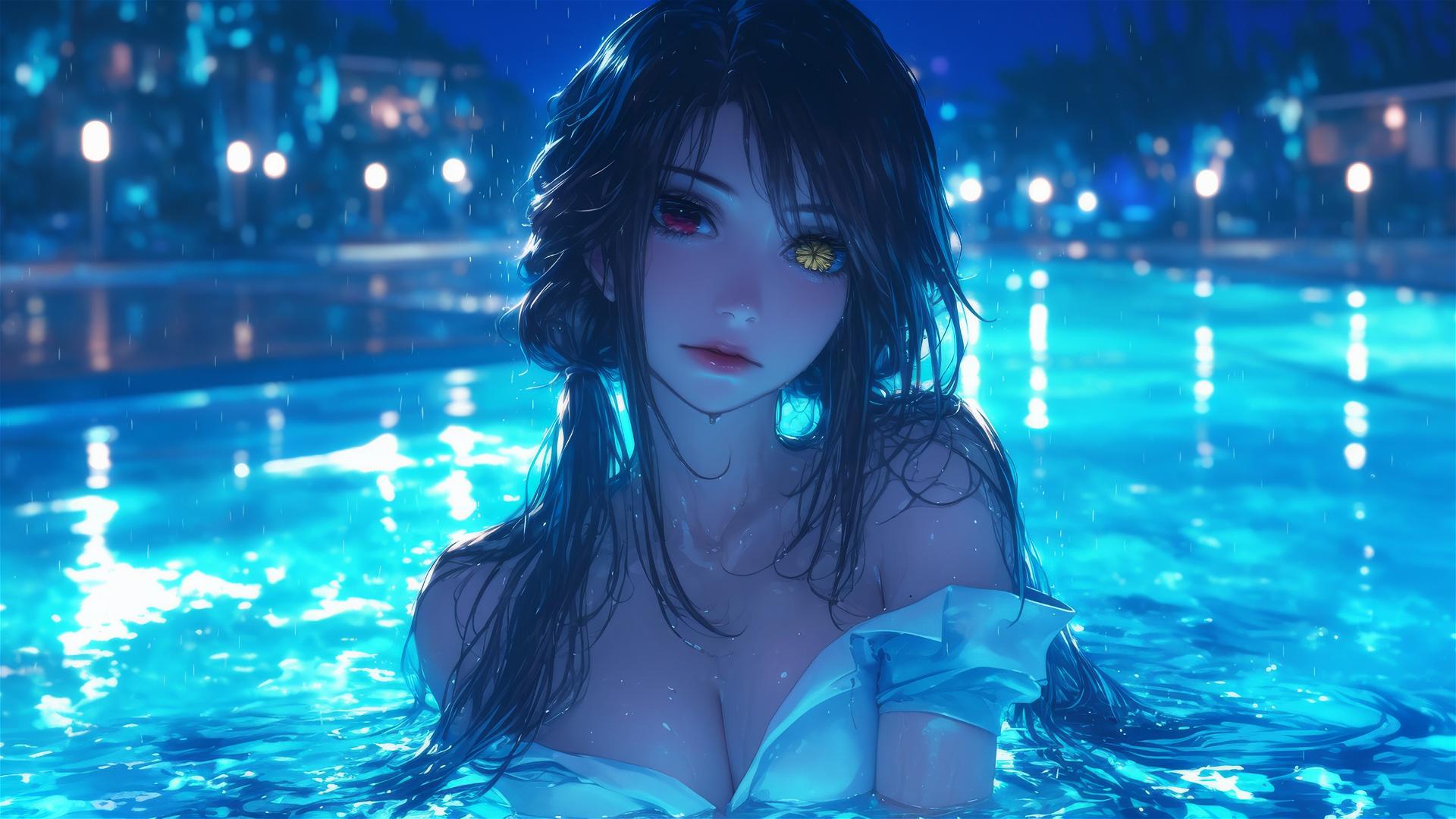 Kurumi Tokisaki from Date A Live standing in a rainy swimming pool under moonlight