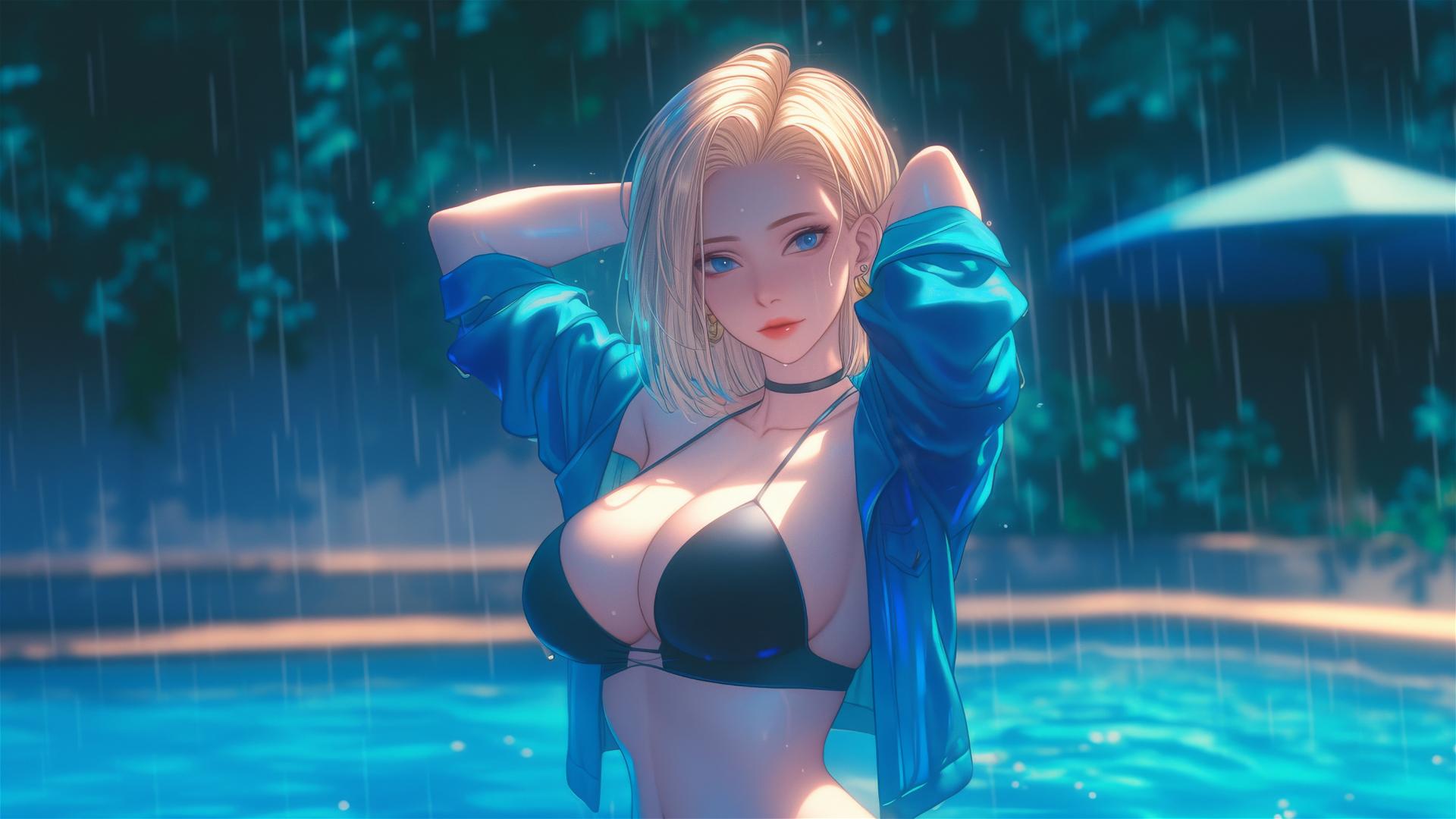 Android 18 resting by a rainy pool
