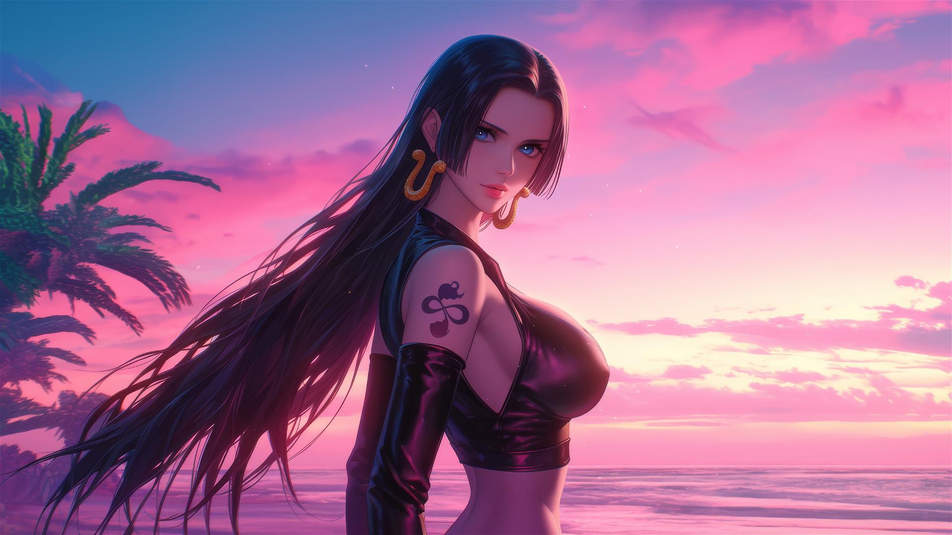 Boa Hancock from One Piece walking on a beach at sunset in a black and pink leather outfit with a neon pink sky.