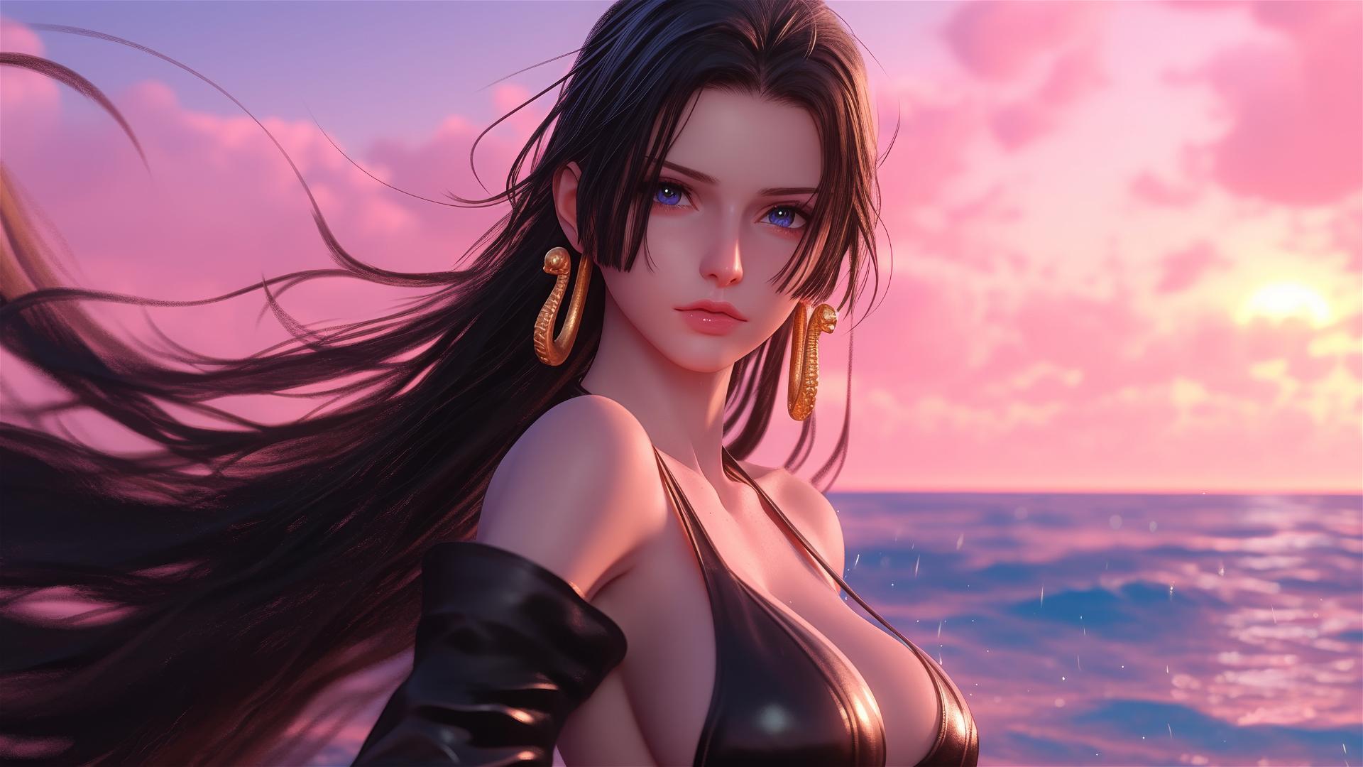 Boa Hancock in black and pink outfit on neon pink beach