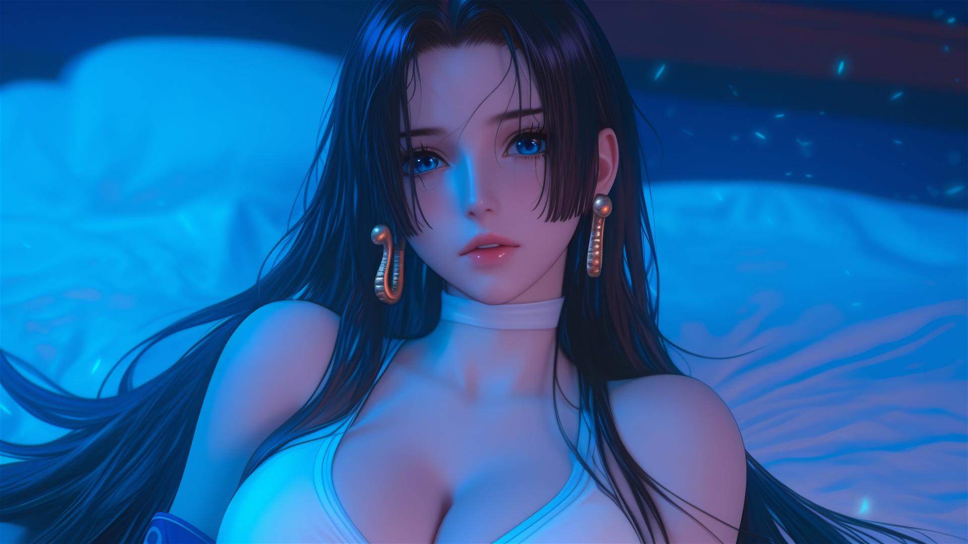 High angle of Boa Hancock from One Piece in bed, neon colors, pink background