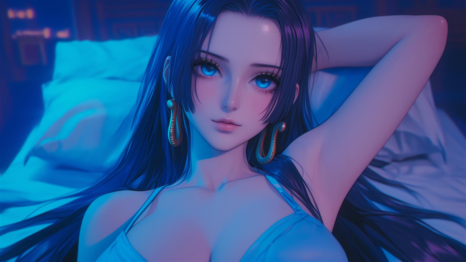 Boa Hancock from One Piece in bed, neon colors, pink background