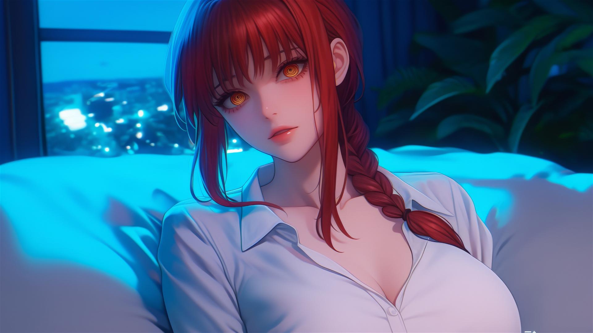 High angle view of Makima from Chainsaw Man in bed with reddish hair.