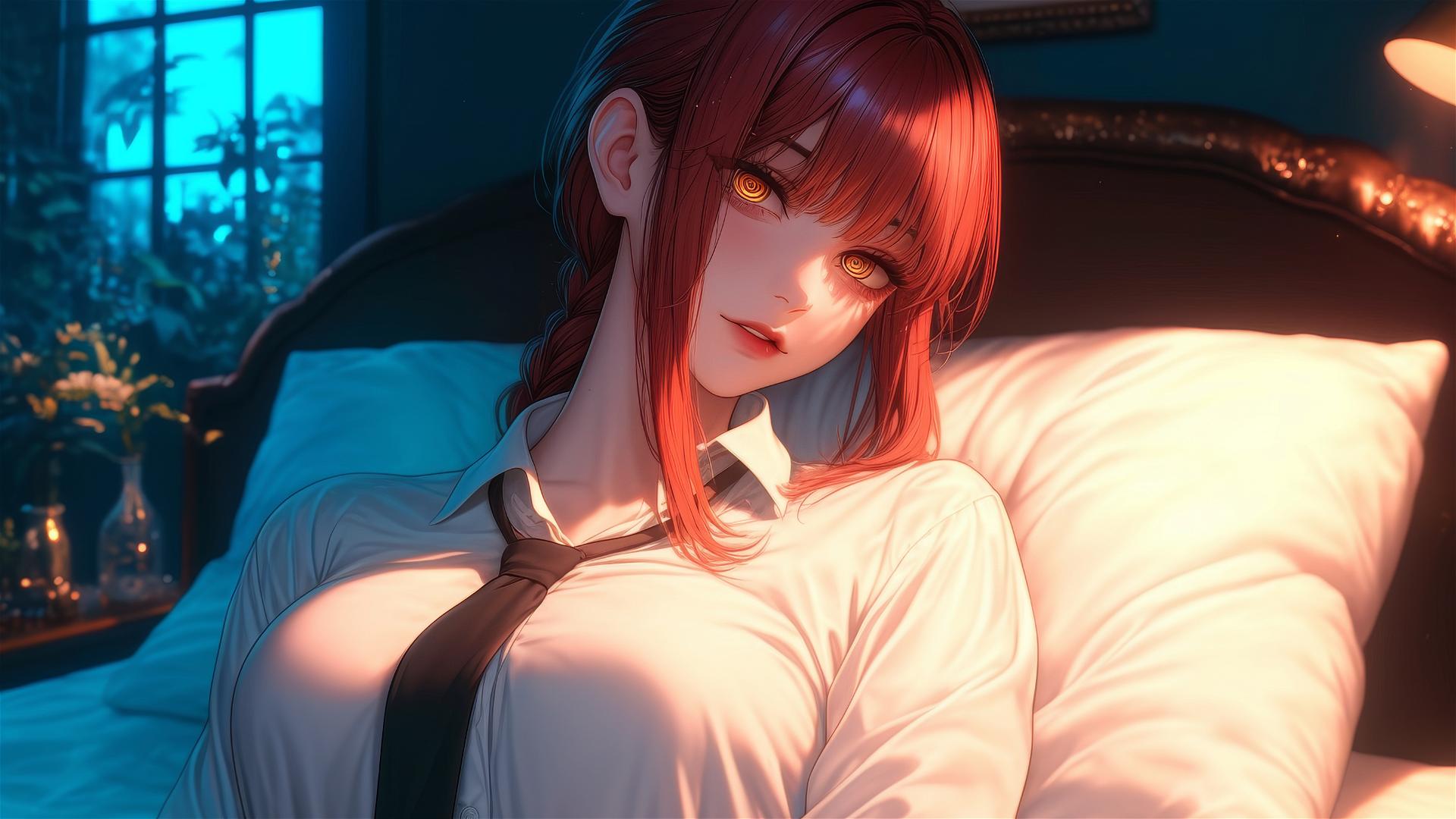 High angle view of Makima with reddish hair in bed