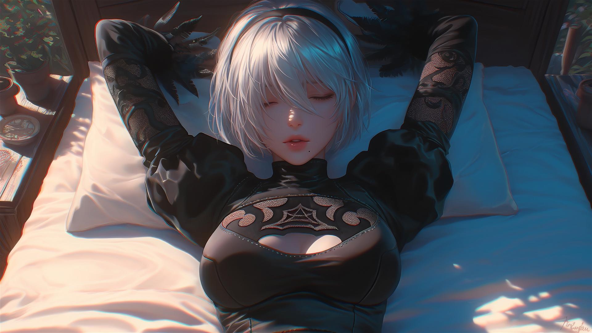 High angle view of 2B from Nier lying in bed