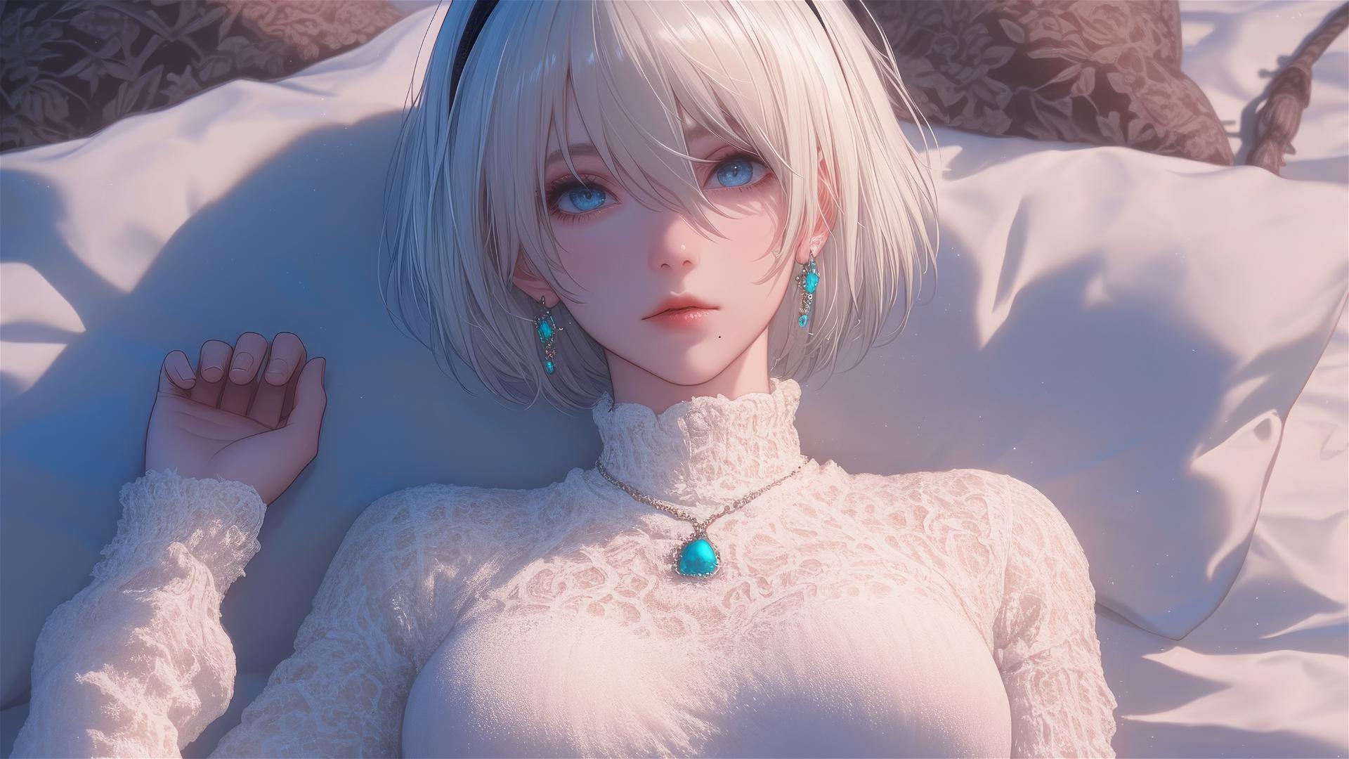 High angle view of 2B from Nier in bed with relaxed posture and short hair