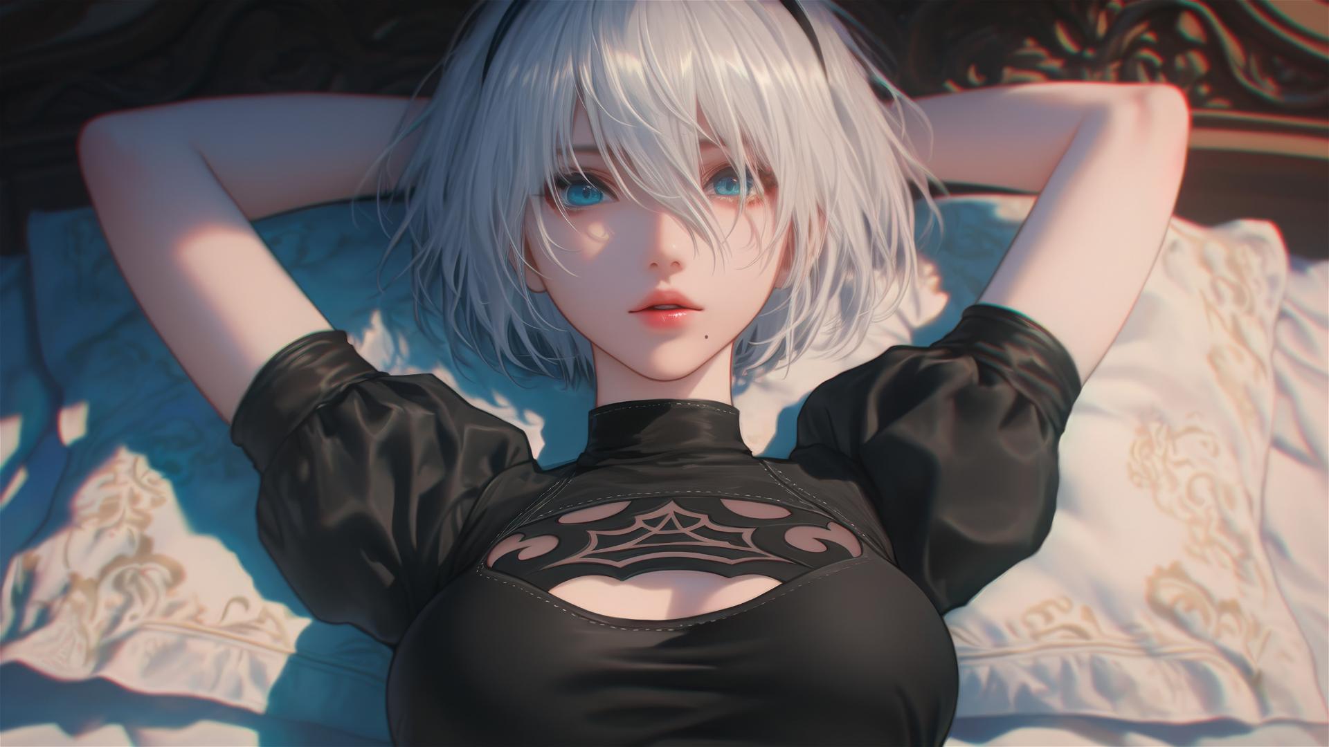 High angle view of 2B from Nier in bed, relaxed with short hair.
