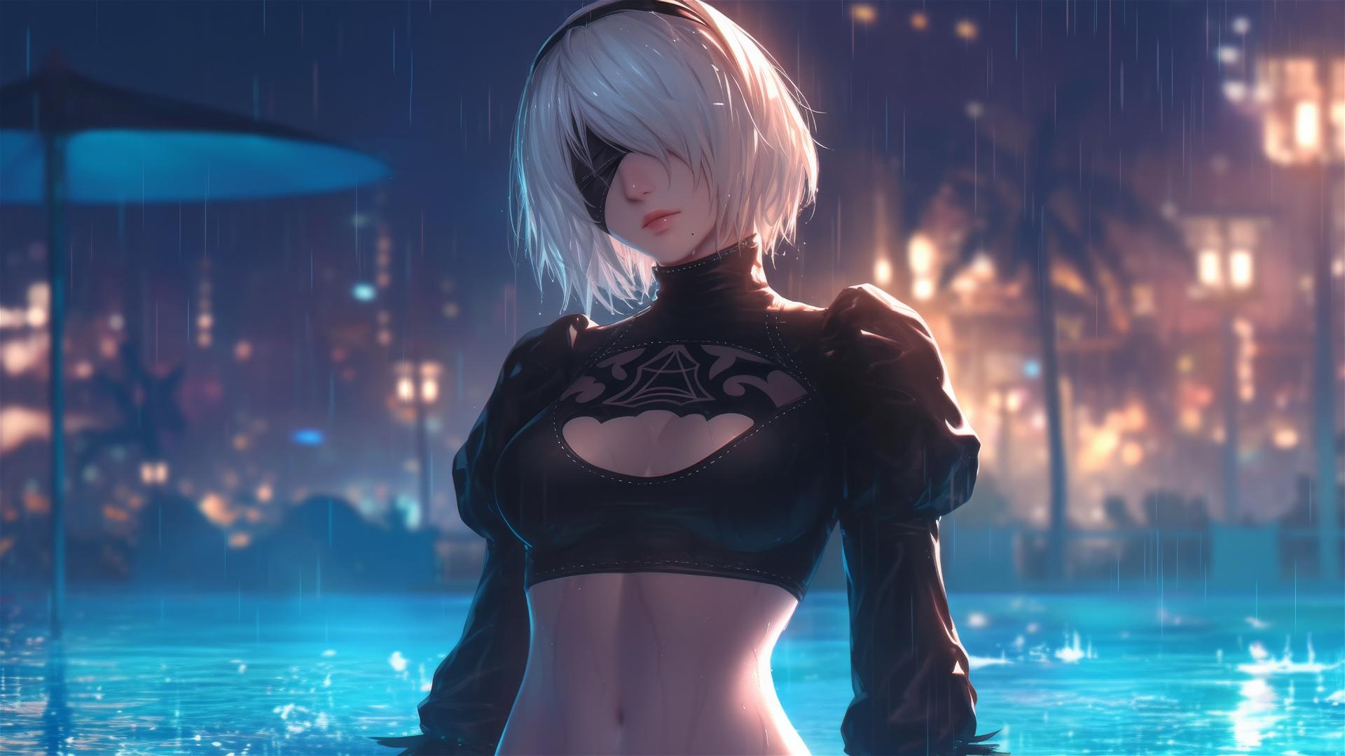 2B from Nier stands at a rainy swimming pool illuminated by moonlight.