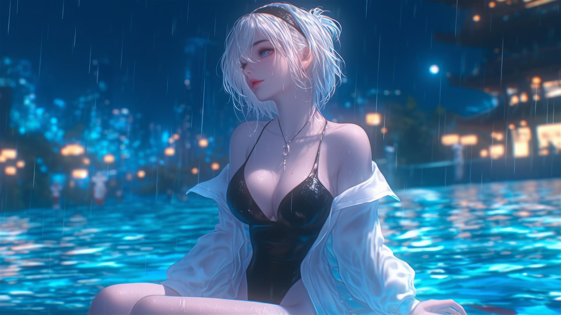 2B from Nier in casual white clothing sits by a rainy swimming pool with moonlight glow.