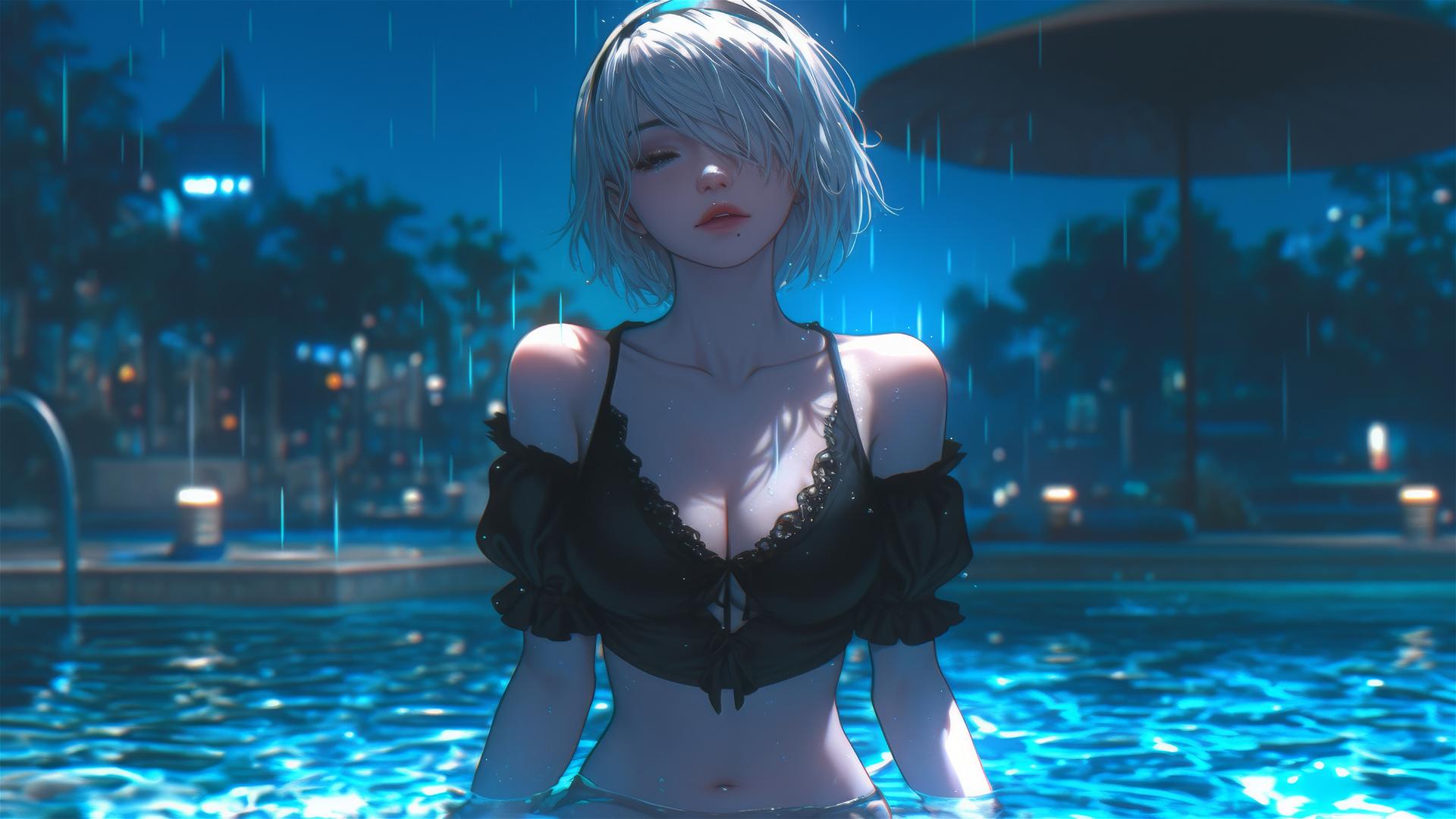 2B from Nier in casual attire, relaxed, sitting by a rainy pool, moonlit.