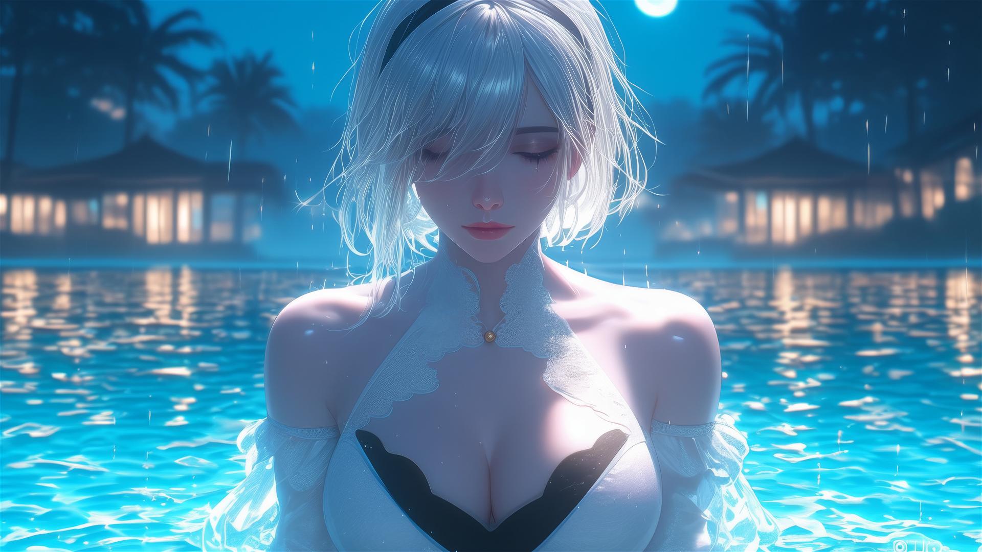 2B from Nier in white clothes relaxing by pool under moonlight
