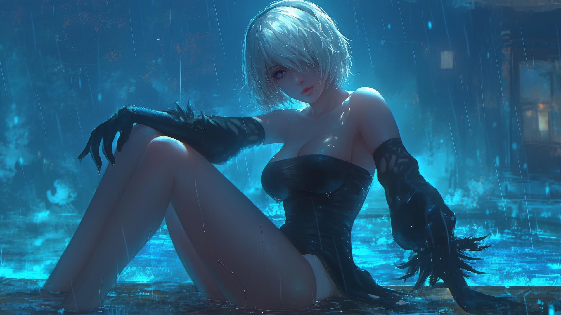2B from Nier sitting by a rainy pool under moonlight, short hair visible