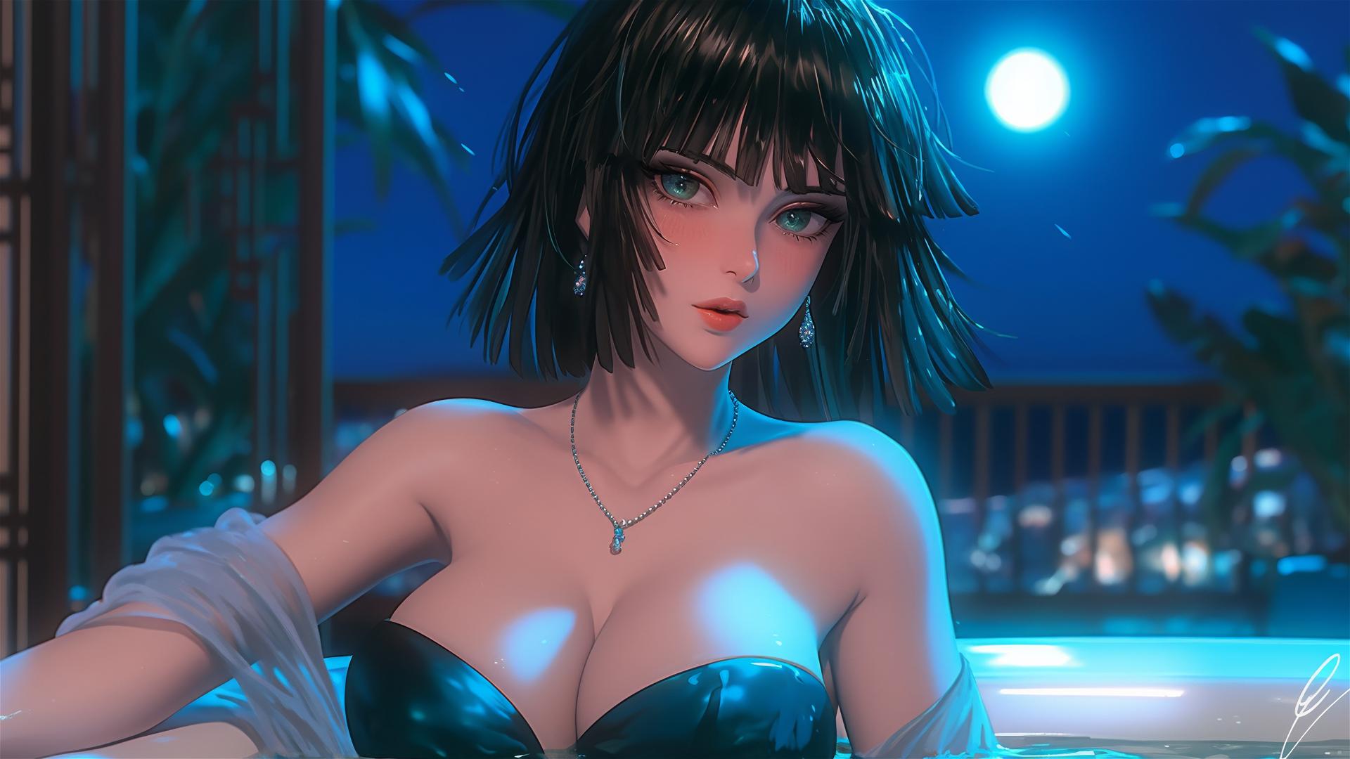 Fubuki from One Punch Man resting in a tub under moonlight
