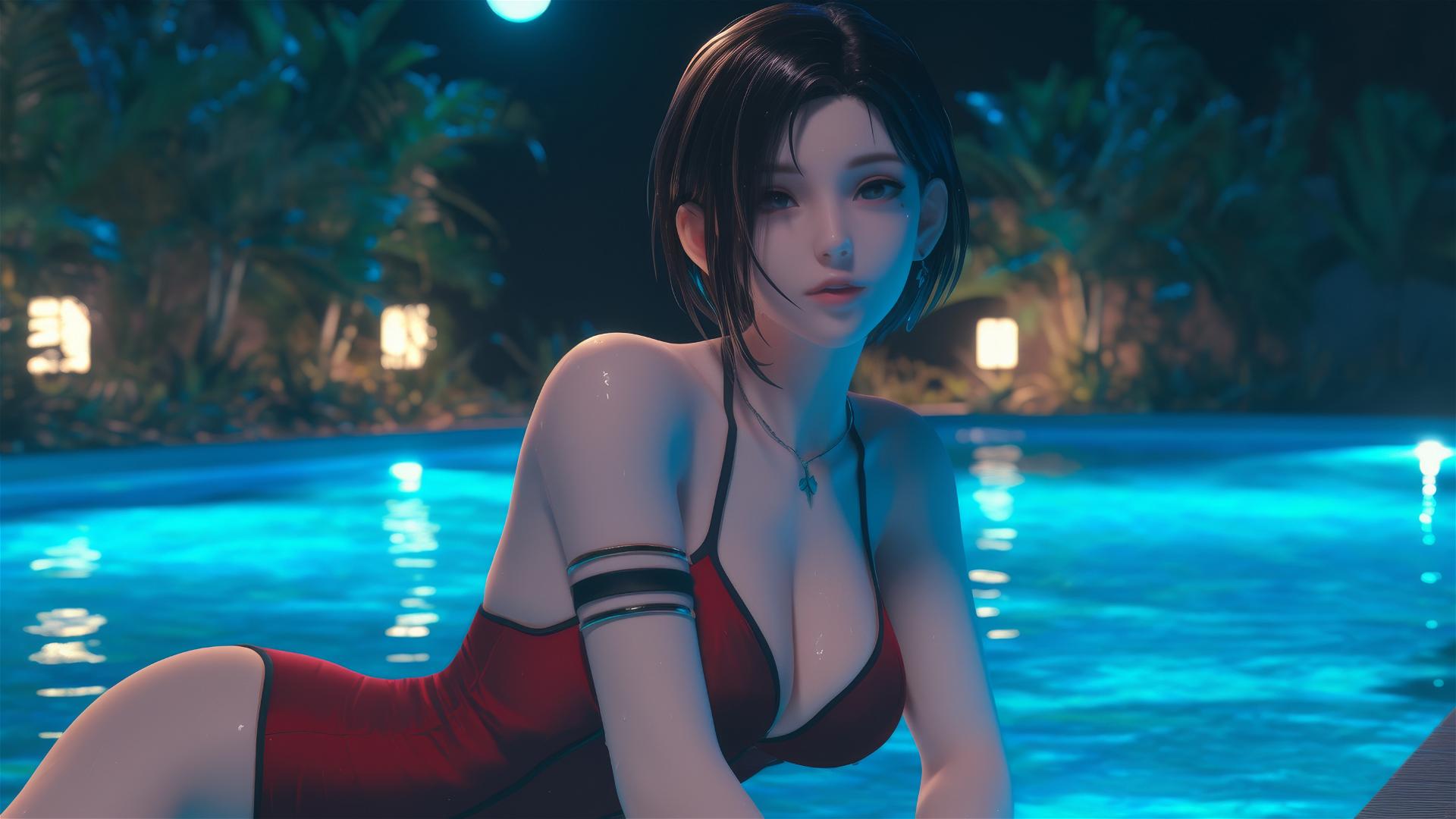Ada Wong from Resident Evil resting at rainy swimming pool, moonlight glow