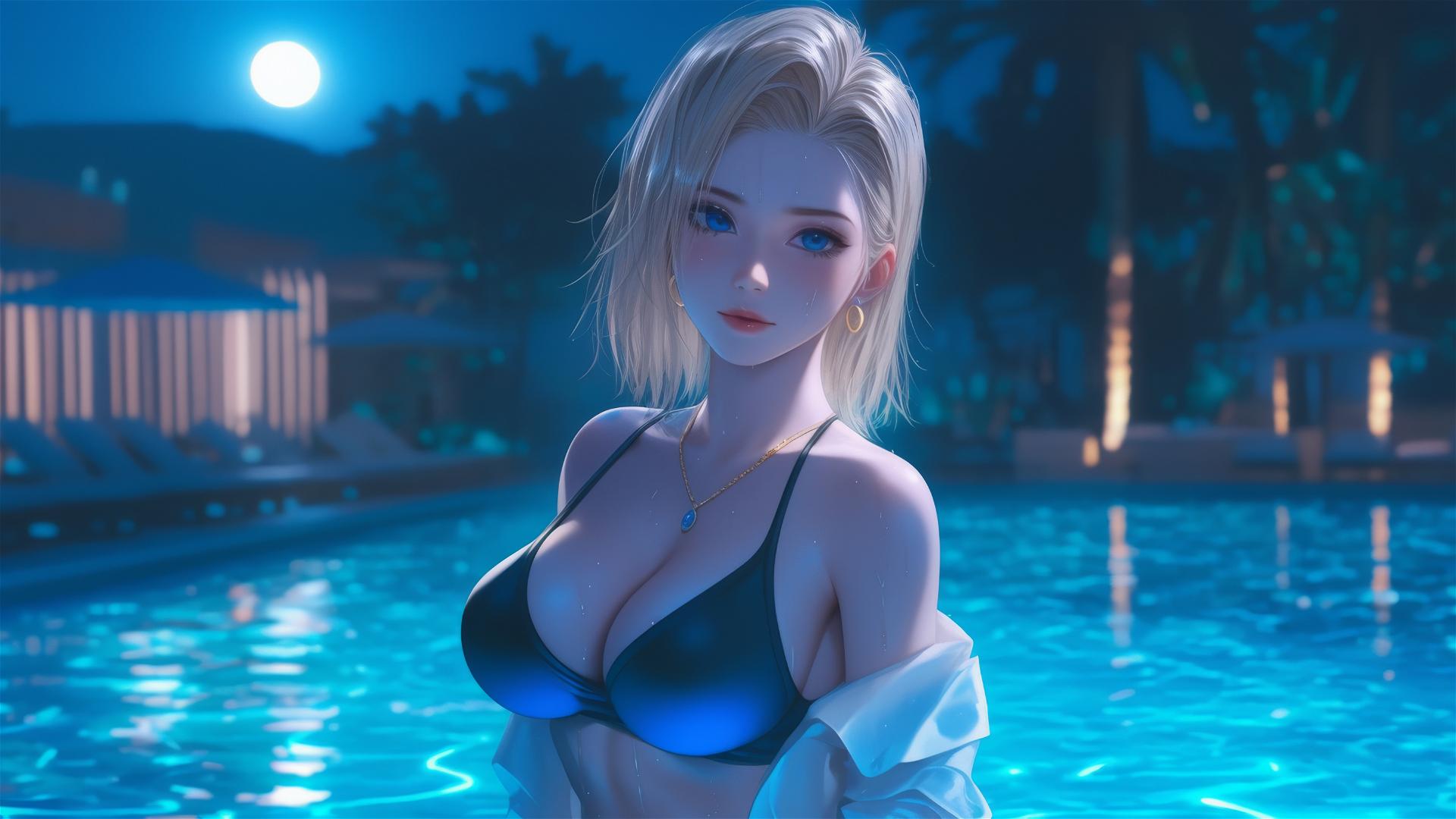 Dragon Ball Android 18 resting by a rainy pool under moonlight