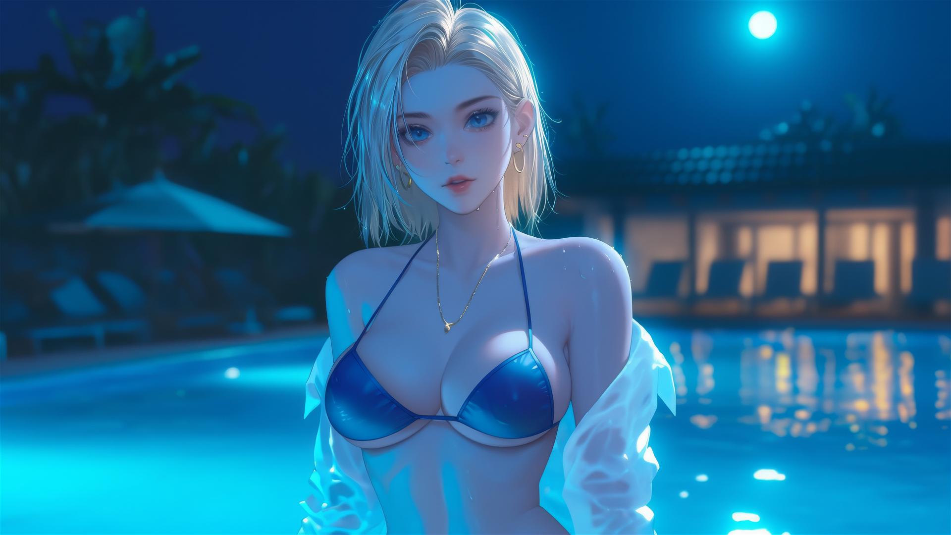 Android 18 resting by a moonlit rainy pool