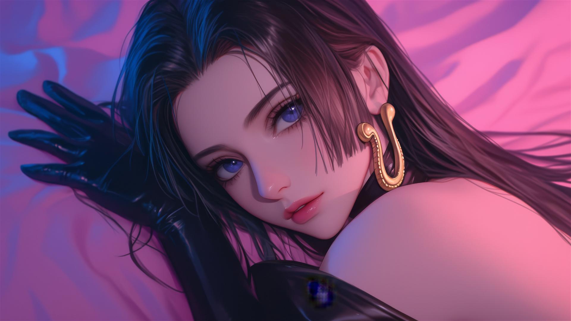 Boa Hancock from One Piece in black and pink leather, long hair, gold earrings, neon colors