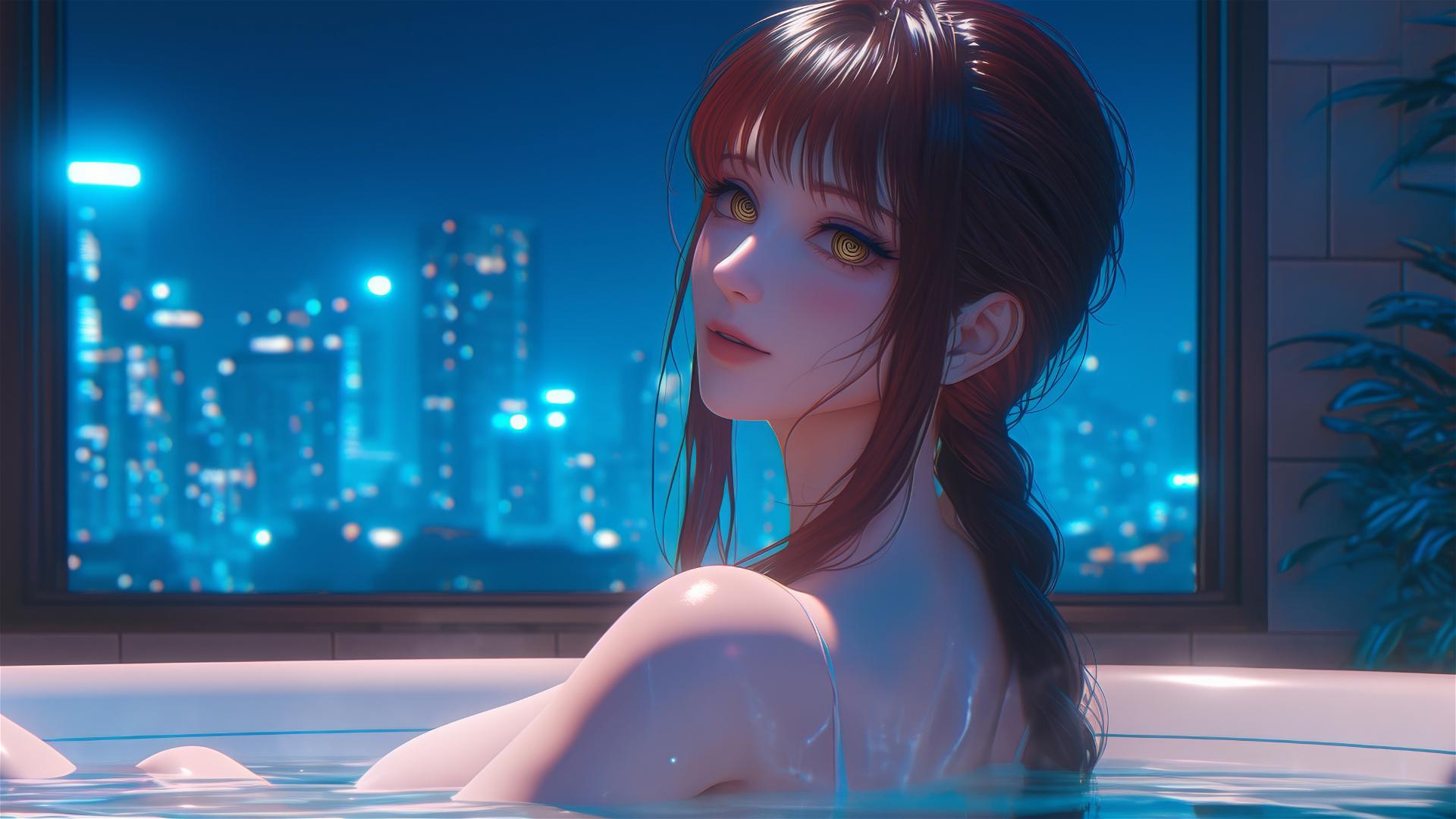 Makima from Chainsaw Man resting in a tub under moonlight, reddish hair.