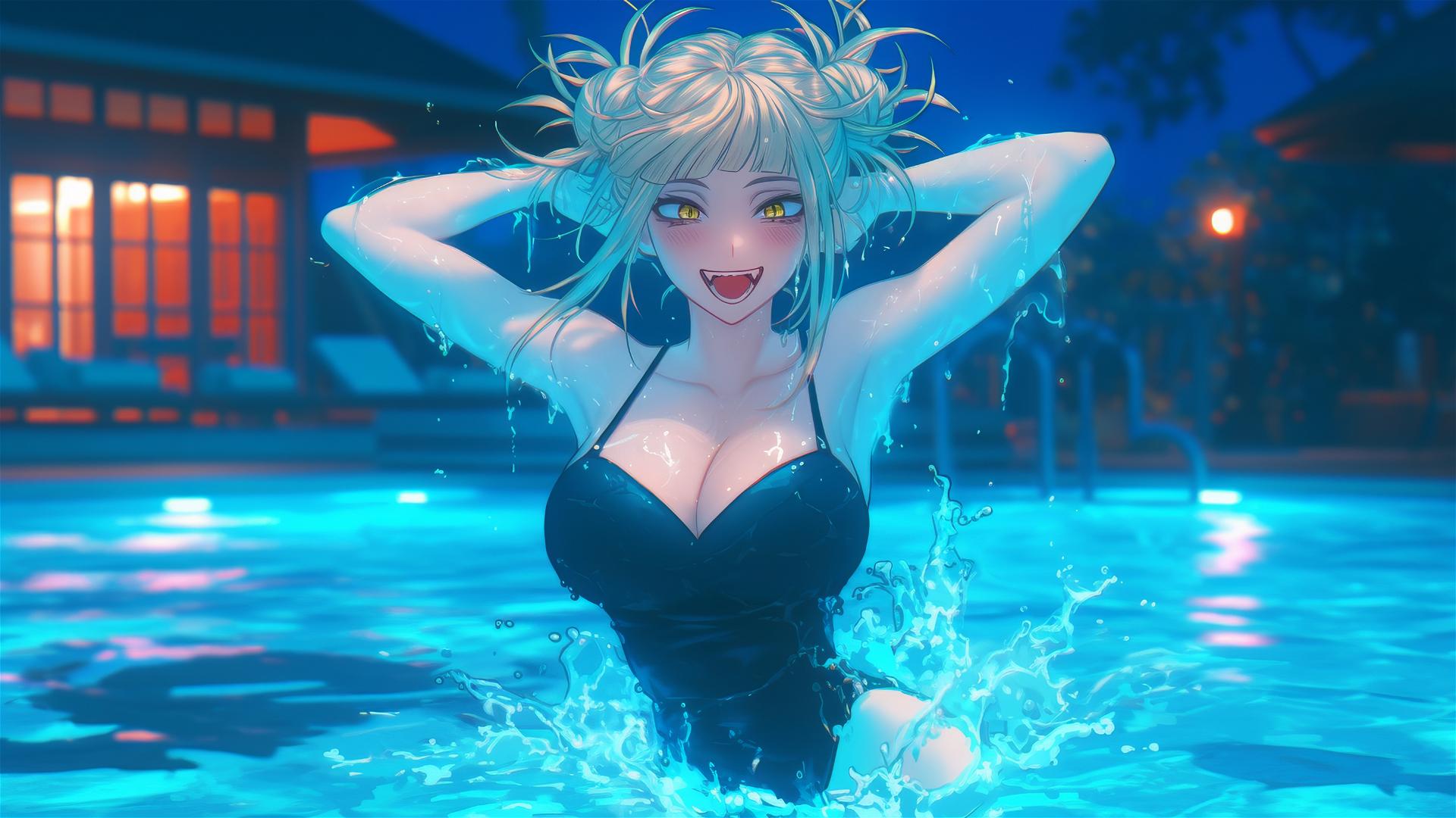 Himiko Toga jumping out of swimming pool under moonlight, with cat-like eyes and ash-blonde hair in messy buns.