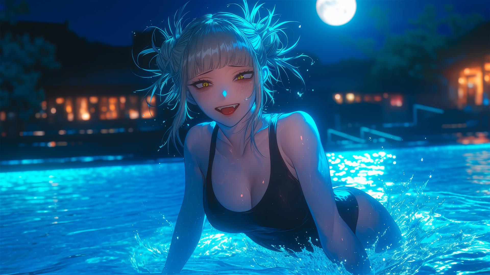 Himiko Toga jumps from pool under moonlight, her yellow eyes and messy buns highlighted.