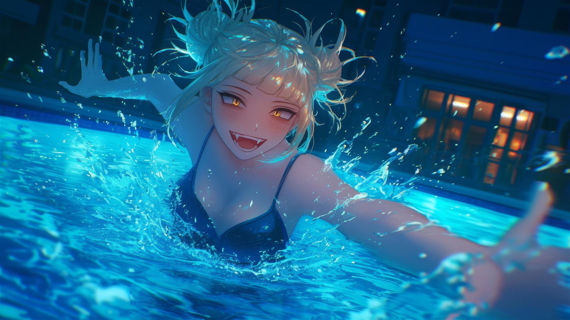 Himiko Toga, pale skin, feline yellow eyes, jumps pool under moonlight